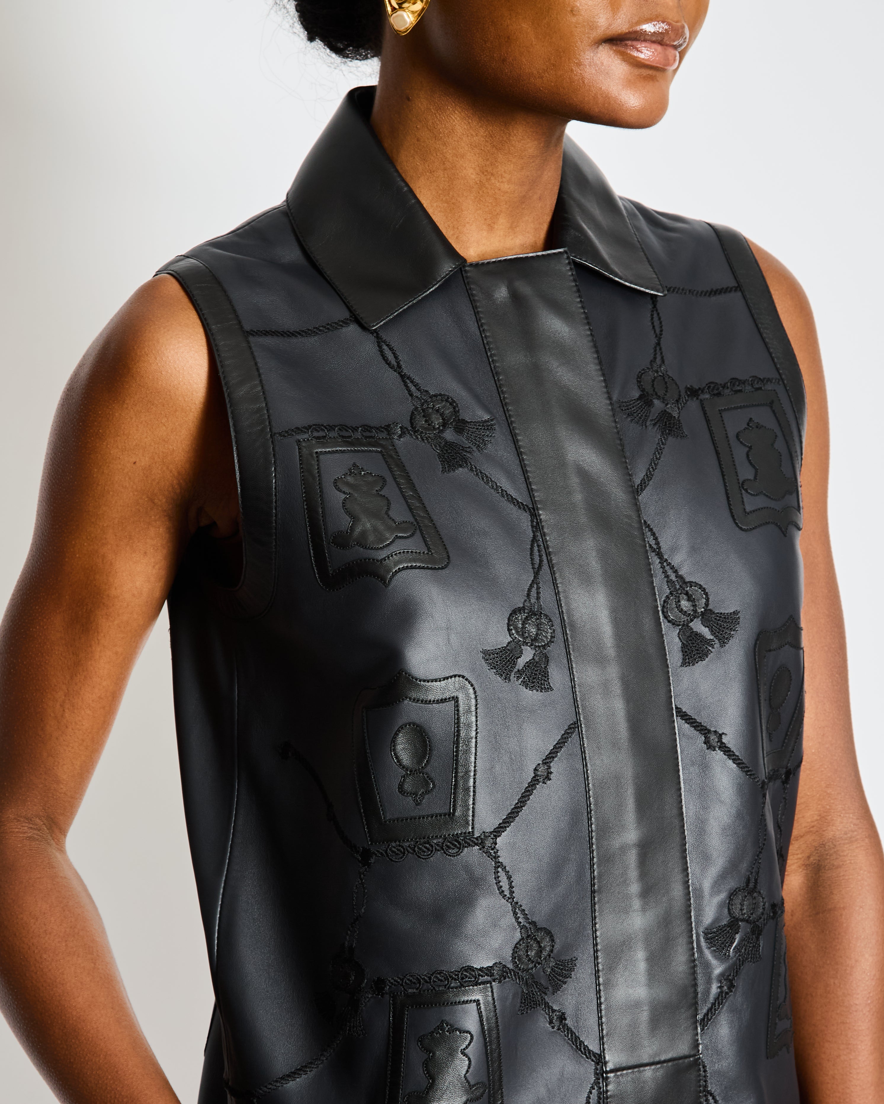 Hermès Black Leather Gilet Vest with Embroidery Details Size FR 34 (UK 6)