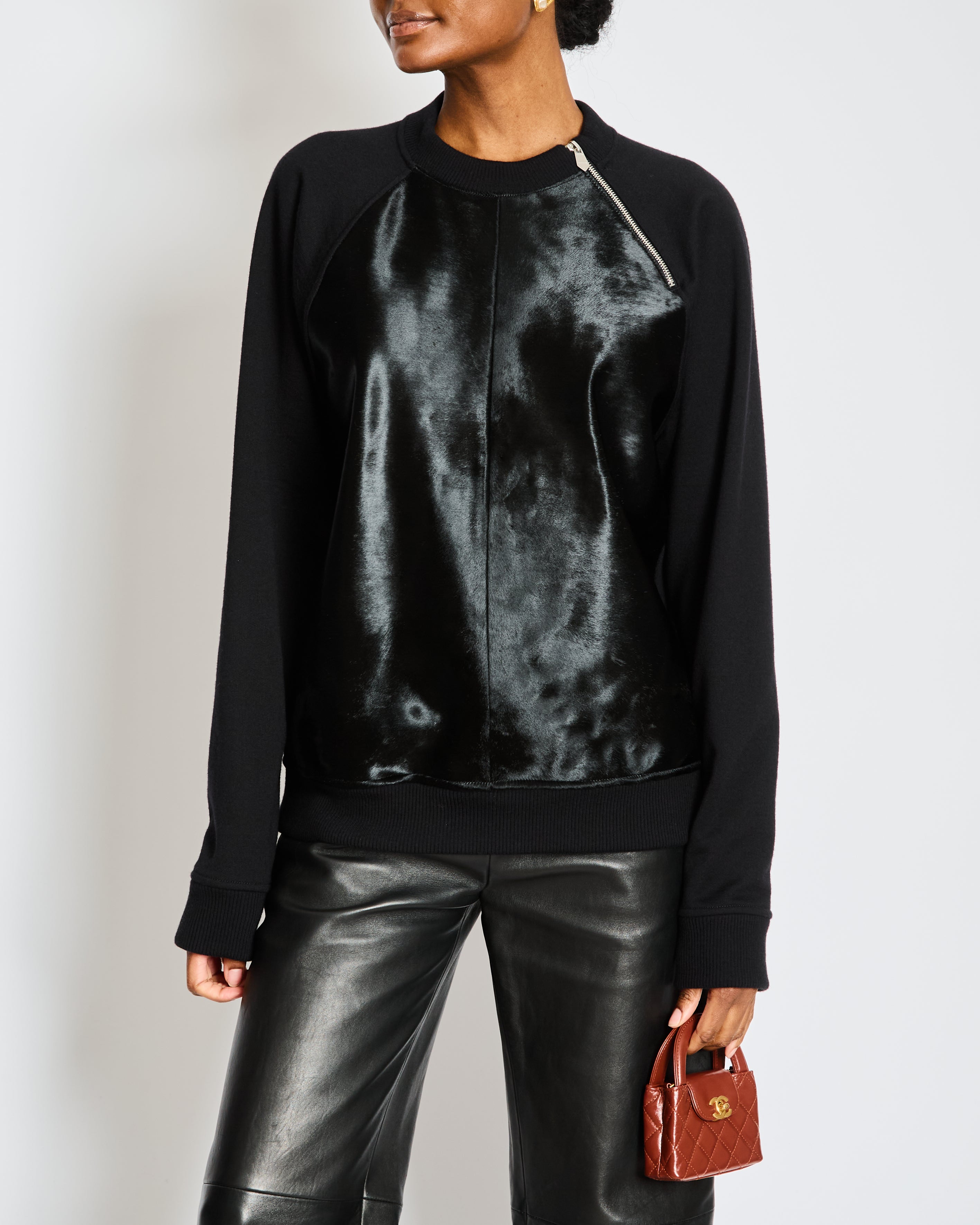 Hermès Menswear Black Knit Jumper with Calfskin Panel and Zip Detail Size L (UK 42)