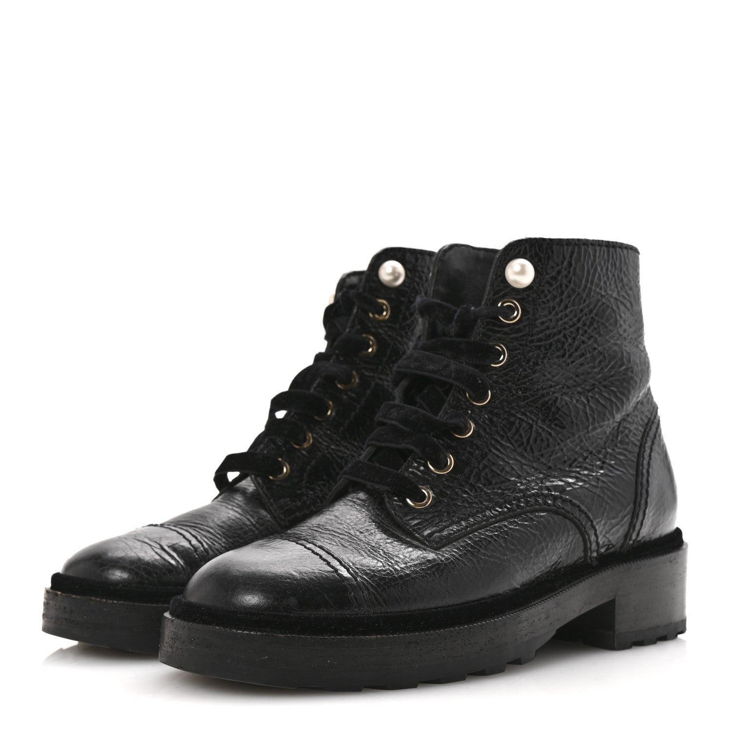Shiny Calfskin Velvet Pearl Combat Short Boots 36 Black