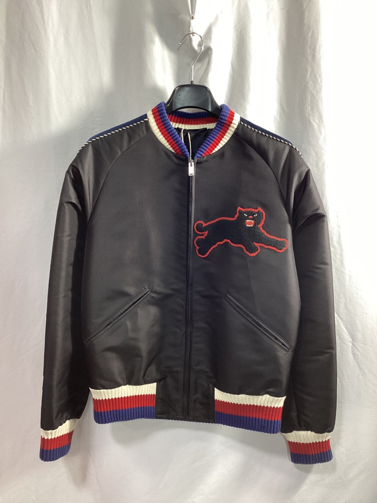 Men's Gucci Panther-Embroidered Bomber Jacket Black Satin