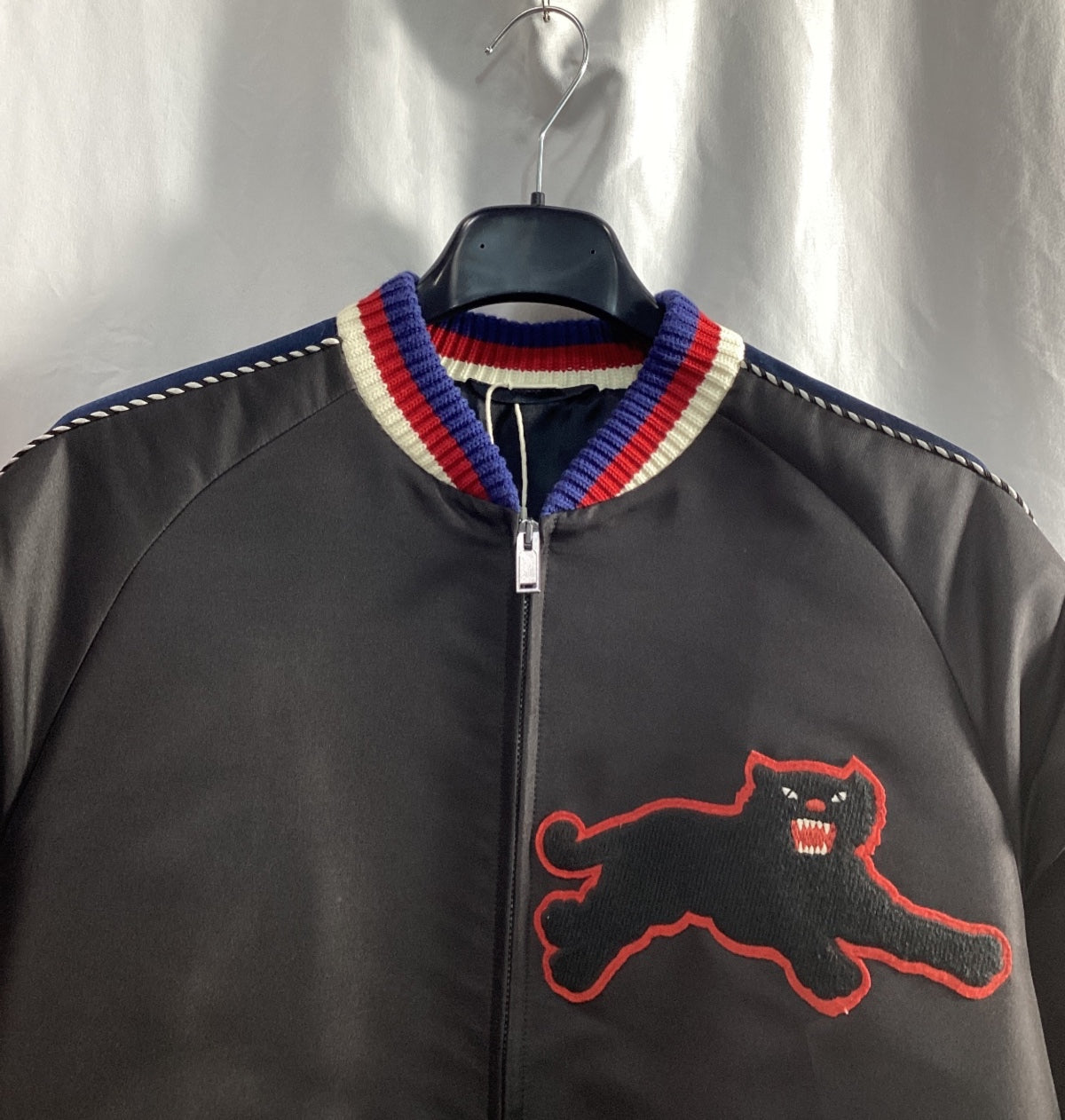 Men's Gucci Panther-Embroidered Bomber Jacket Black Satin