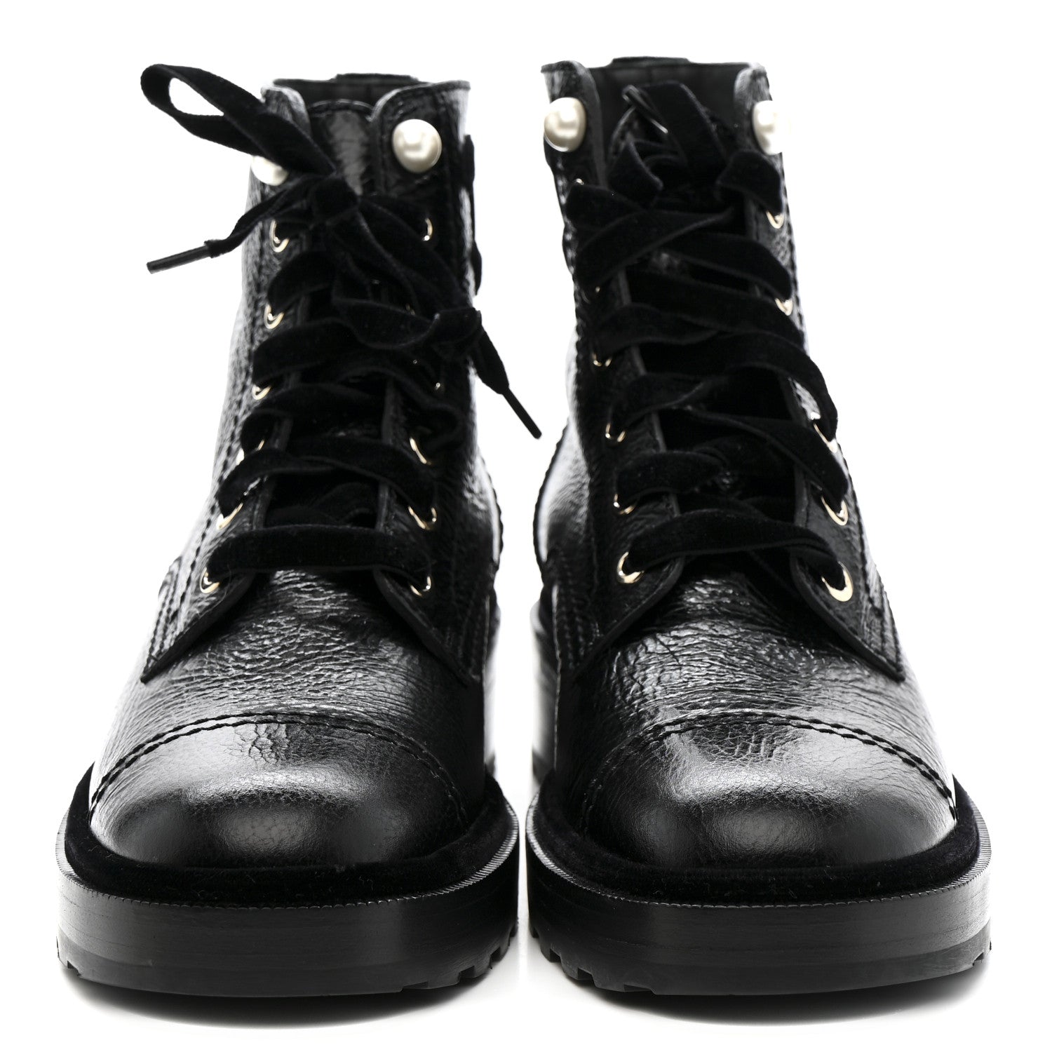 Shiny Calfskin Velvet Pearl Combat Short Boots 38 Black