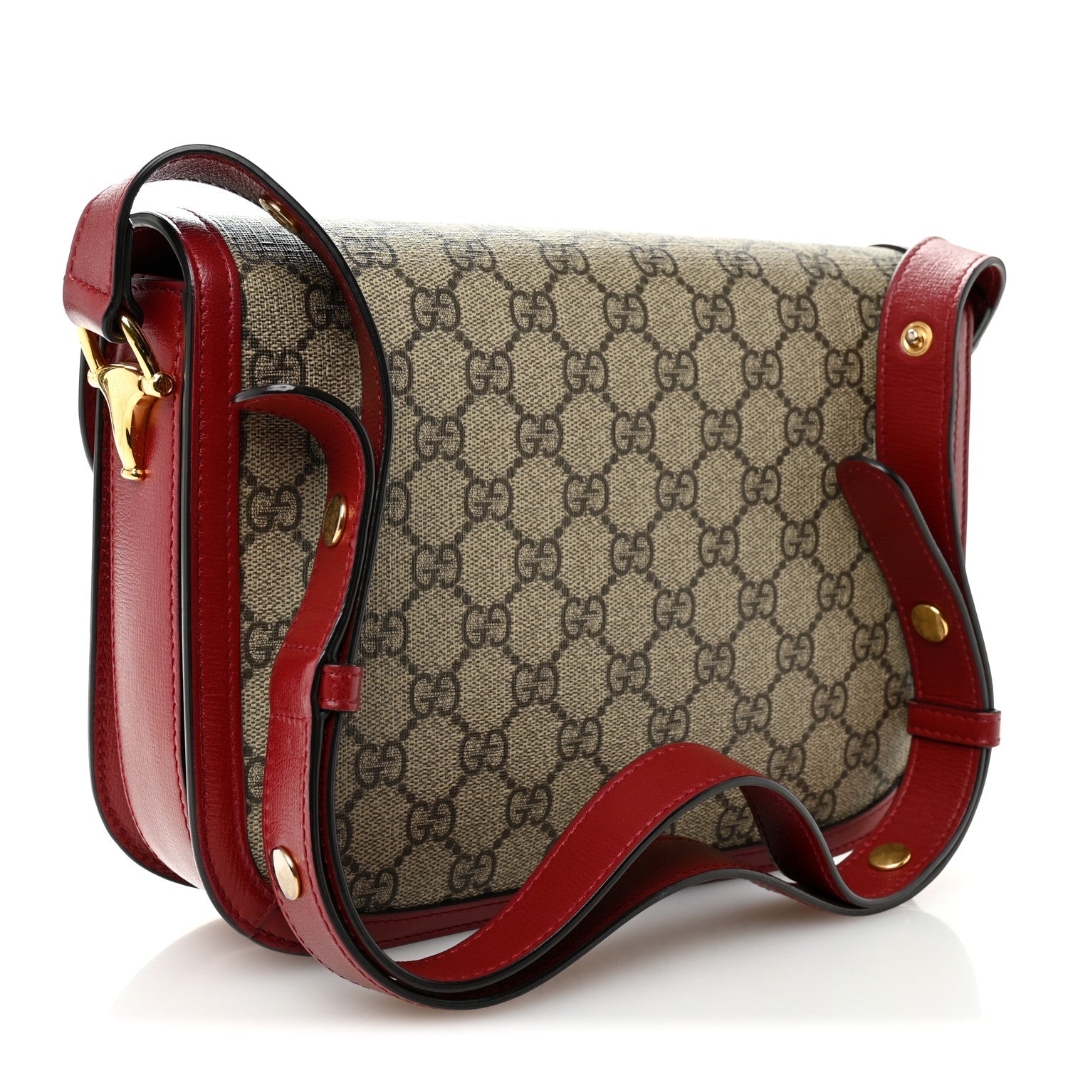 GG Supreme Monogram Azalea Calfskin Horsebit 1955 Shoulder Bag Beige Ebony New Cherry Red