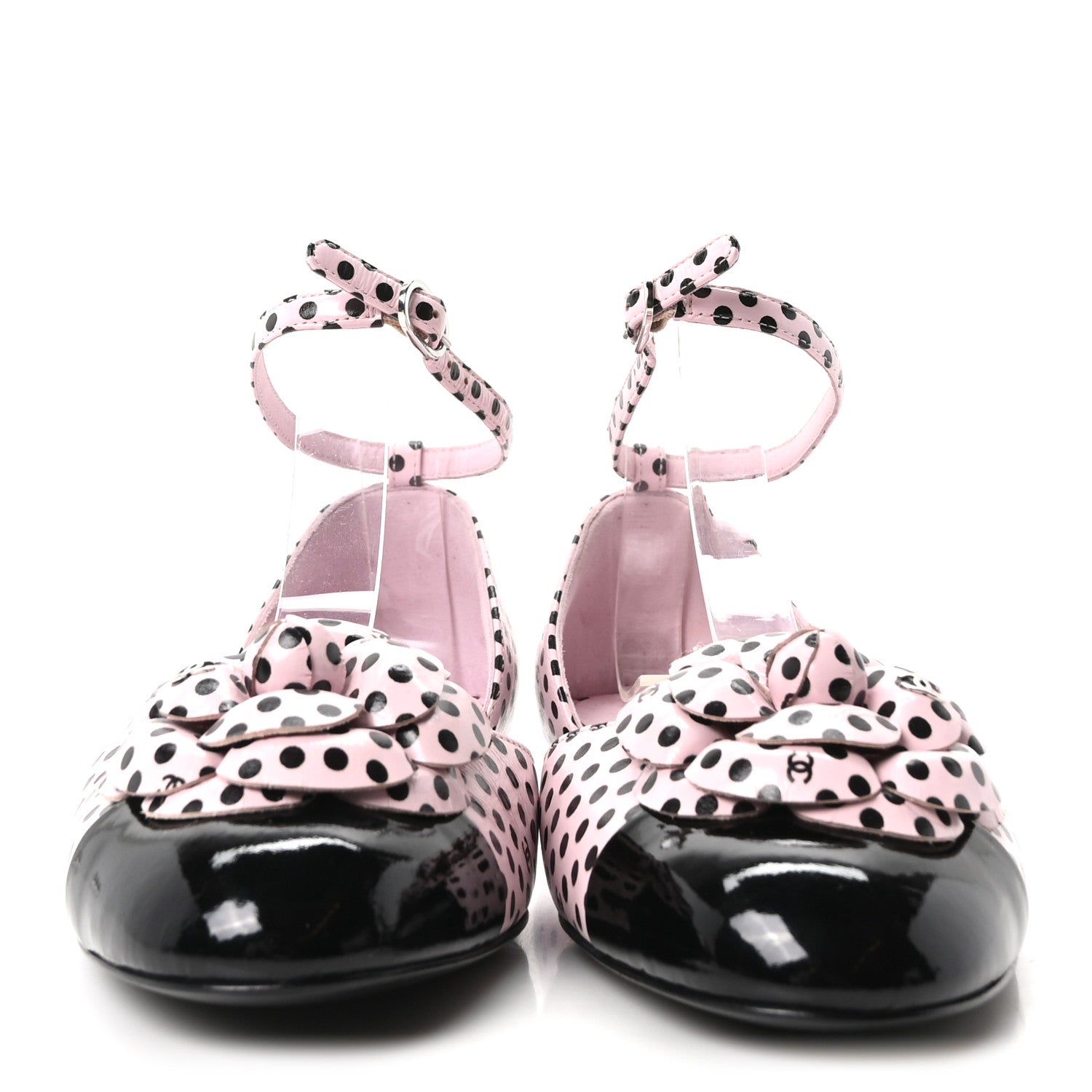 Lambskin Patent Calfskin Cap Toe Polka Dot Camellia Mary Jane Flats 36 Pink Black