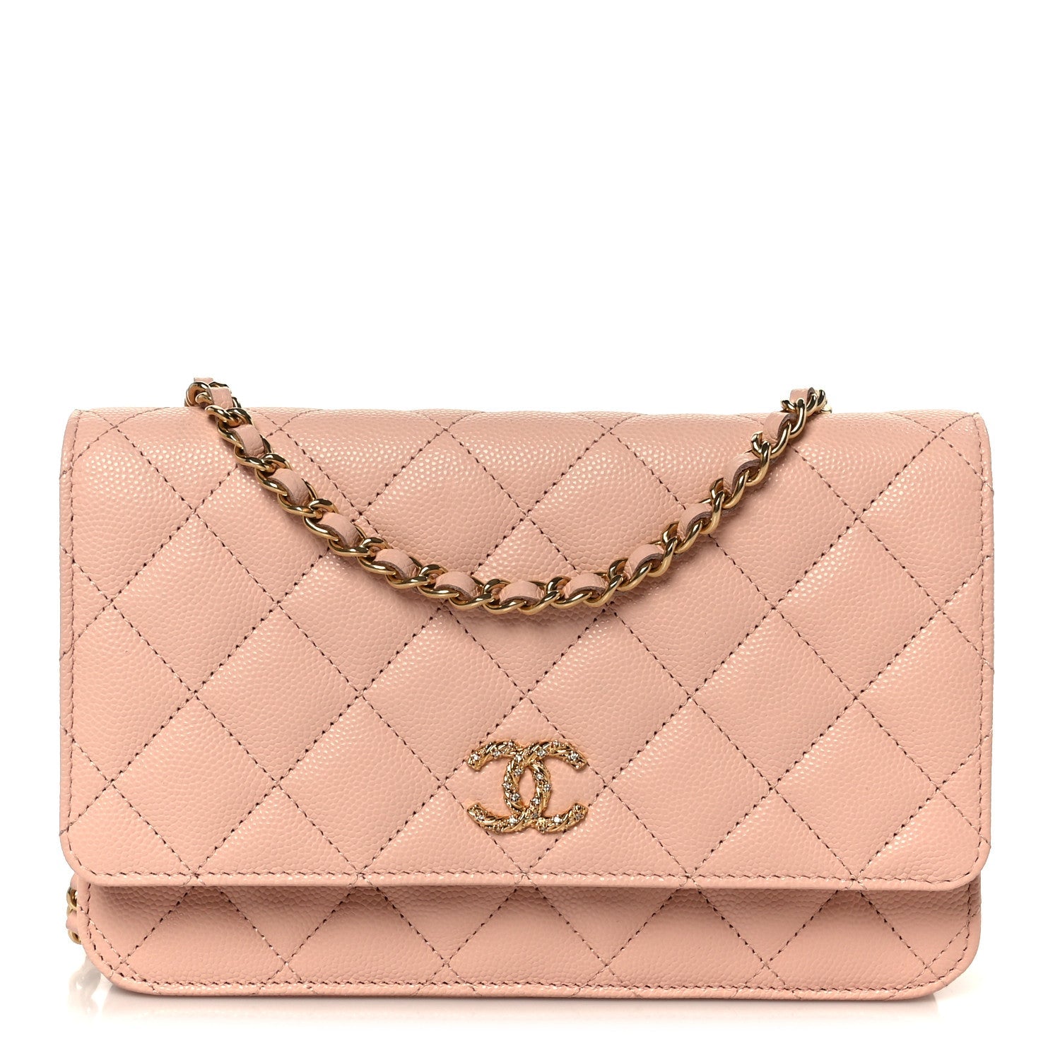 Grained Calfskin Quilted Strass CC Wallet On Chain WOC Light Pink