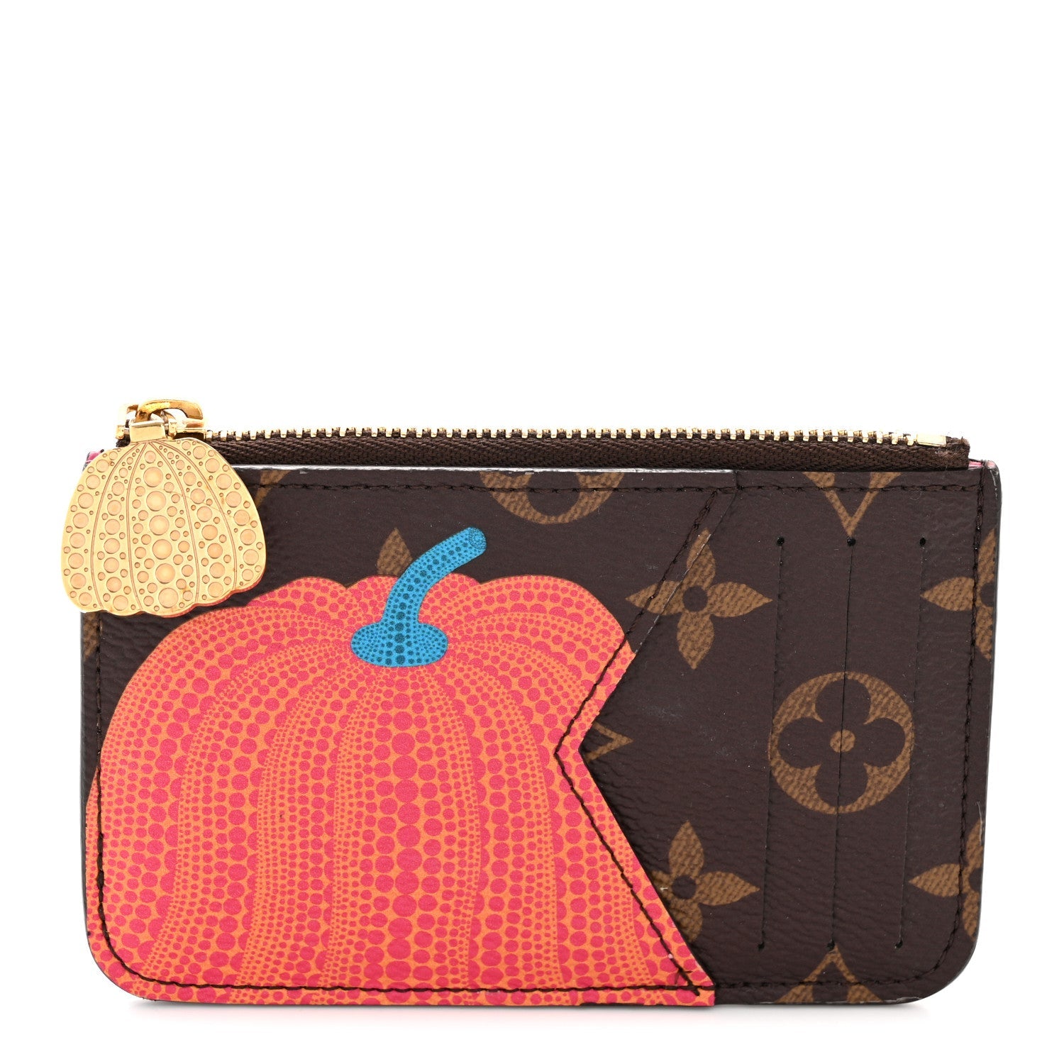 LV X YK Monogram Kusama Pumpkin Zipped Romy Card Holder