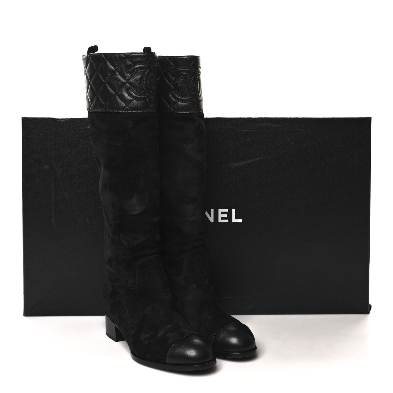 Suede Calfskin Lambskin Quilted Knee High Boots 37 Black