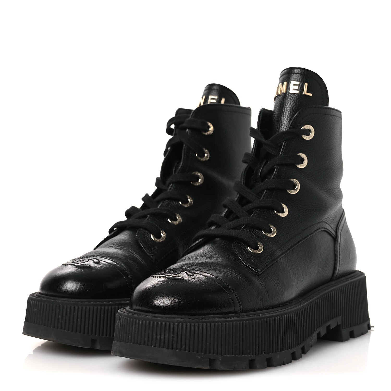 Grained Calfskin Shiny Calfskin CC Lace Up Combat Boots 37.5 Black