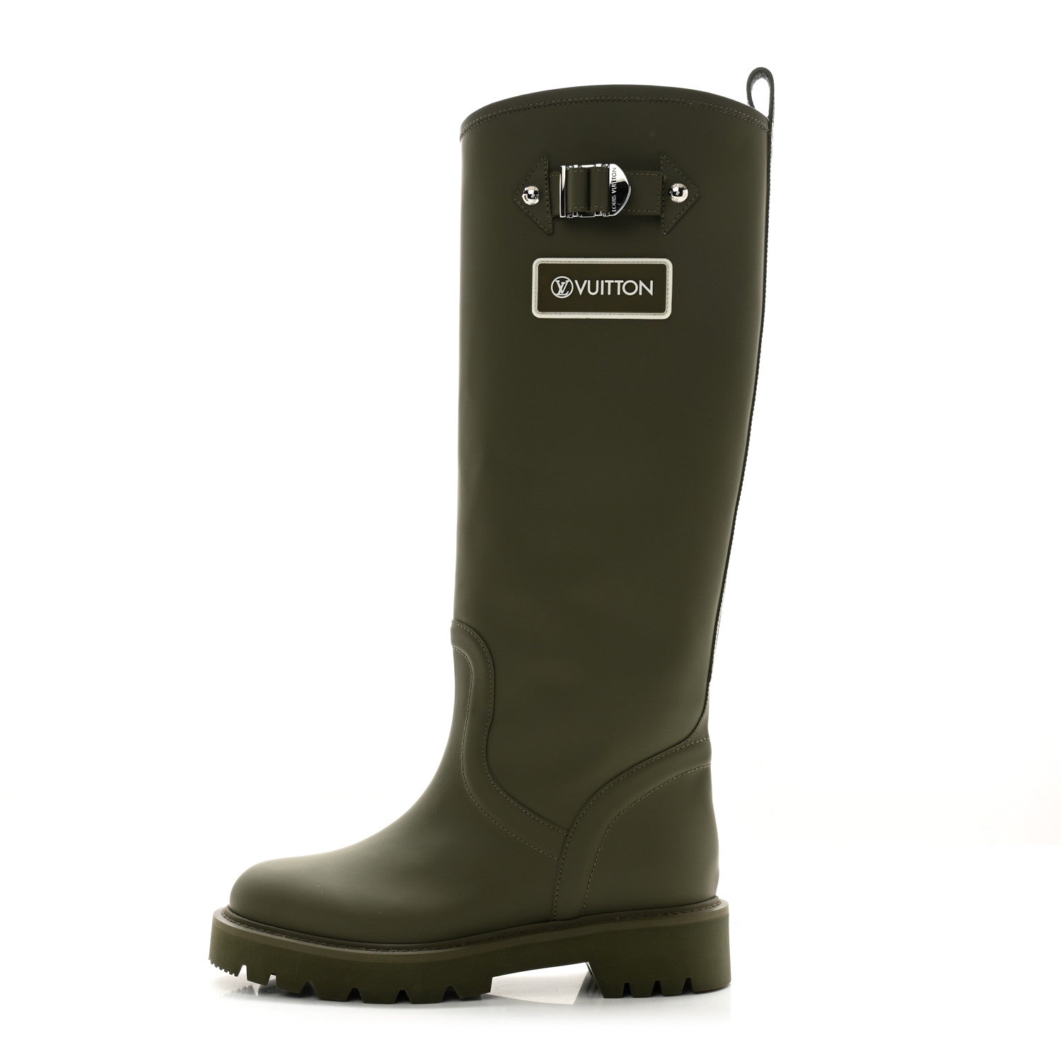 Rubber Calfskin Territory Flat High Boots 36 Khaki