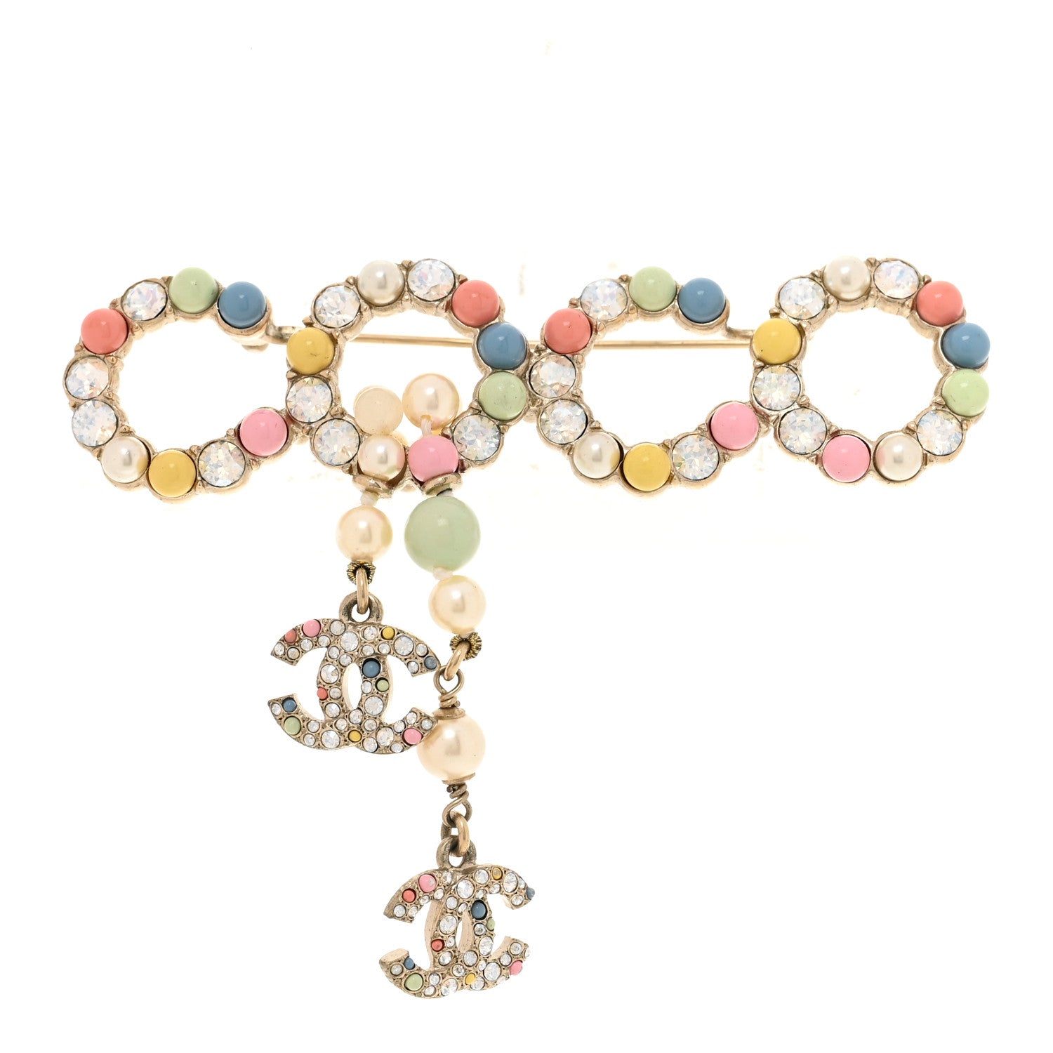 Resin Pearl Crystal Coco Dangling Brooch Gold