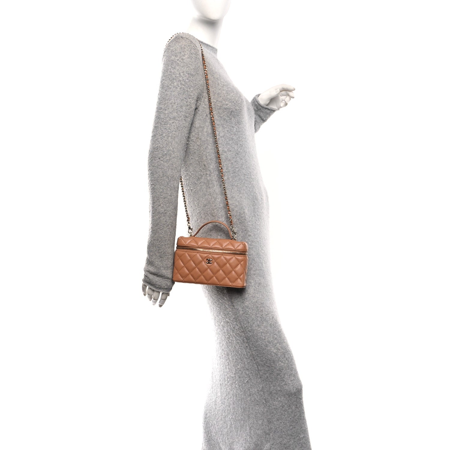 Caviar Quilted Top Handle Slim Vanity With Chain Brown