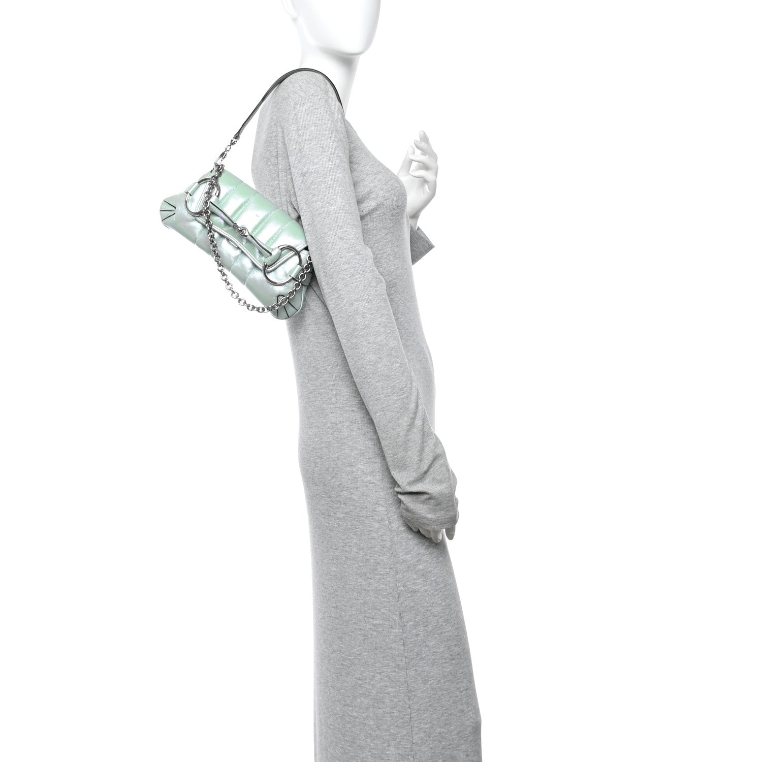 Iridescent Nappa Vertical Matelasse Medium Maxi Horsebit Chain Shoulder Bag Iridescent Salvy Green