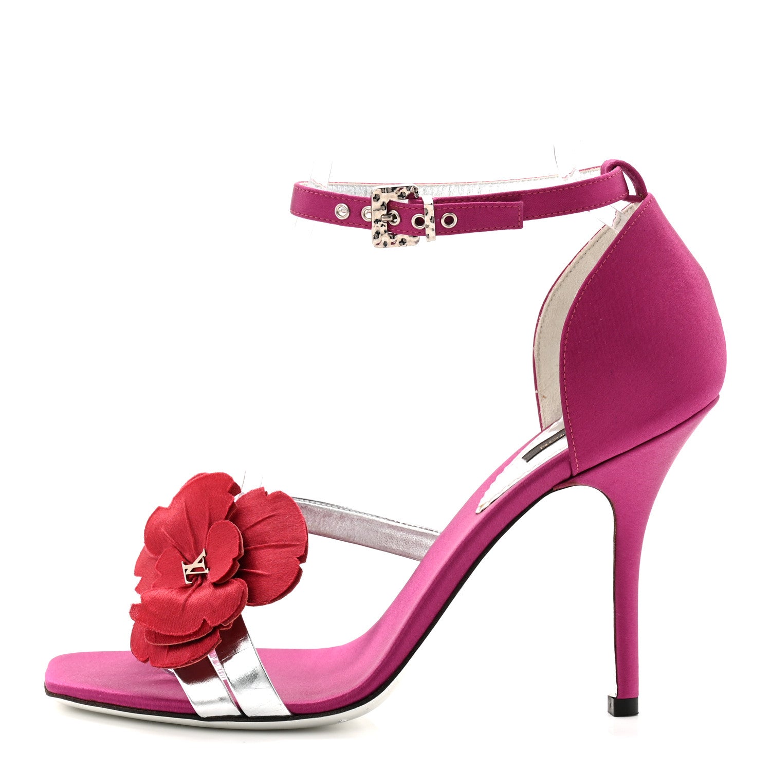 Satin Flower Amber Ankle Sandals 37.5 Fuchsia Red Silver