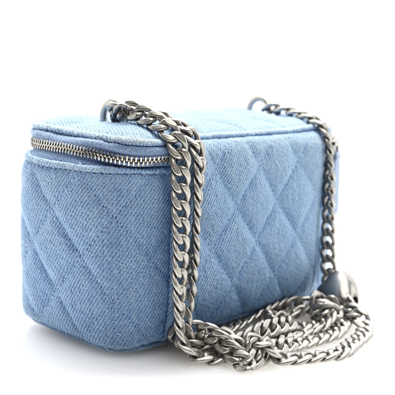 Denim Quilted Sweetheart Small Vanity Case With Chain Blue