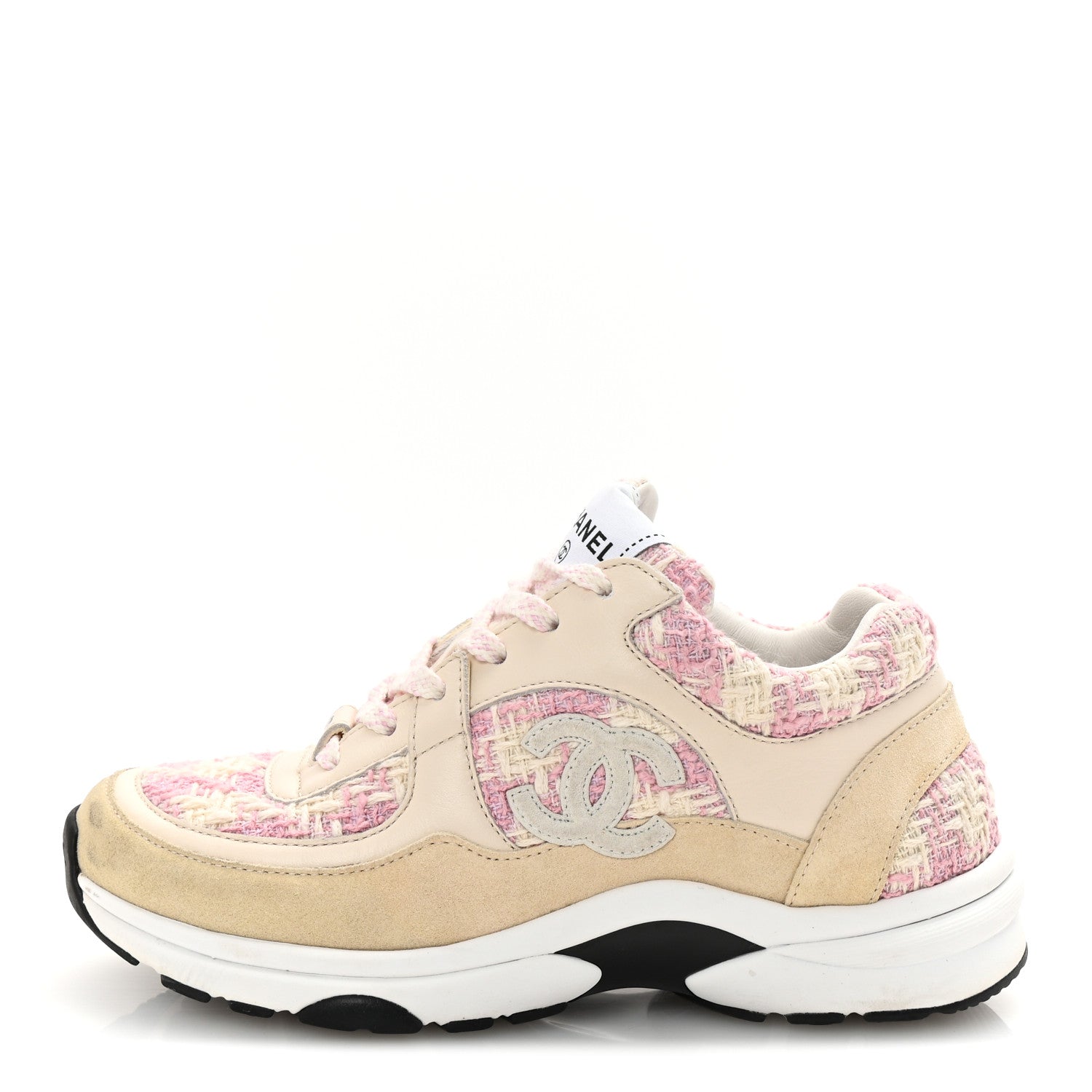Tweed Suede Calfskin Womens CC Sneakers 35 Pink Ecru