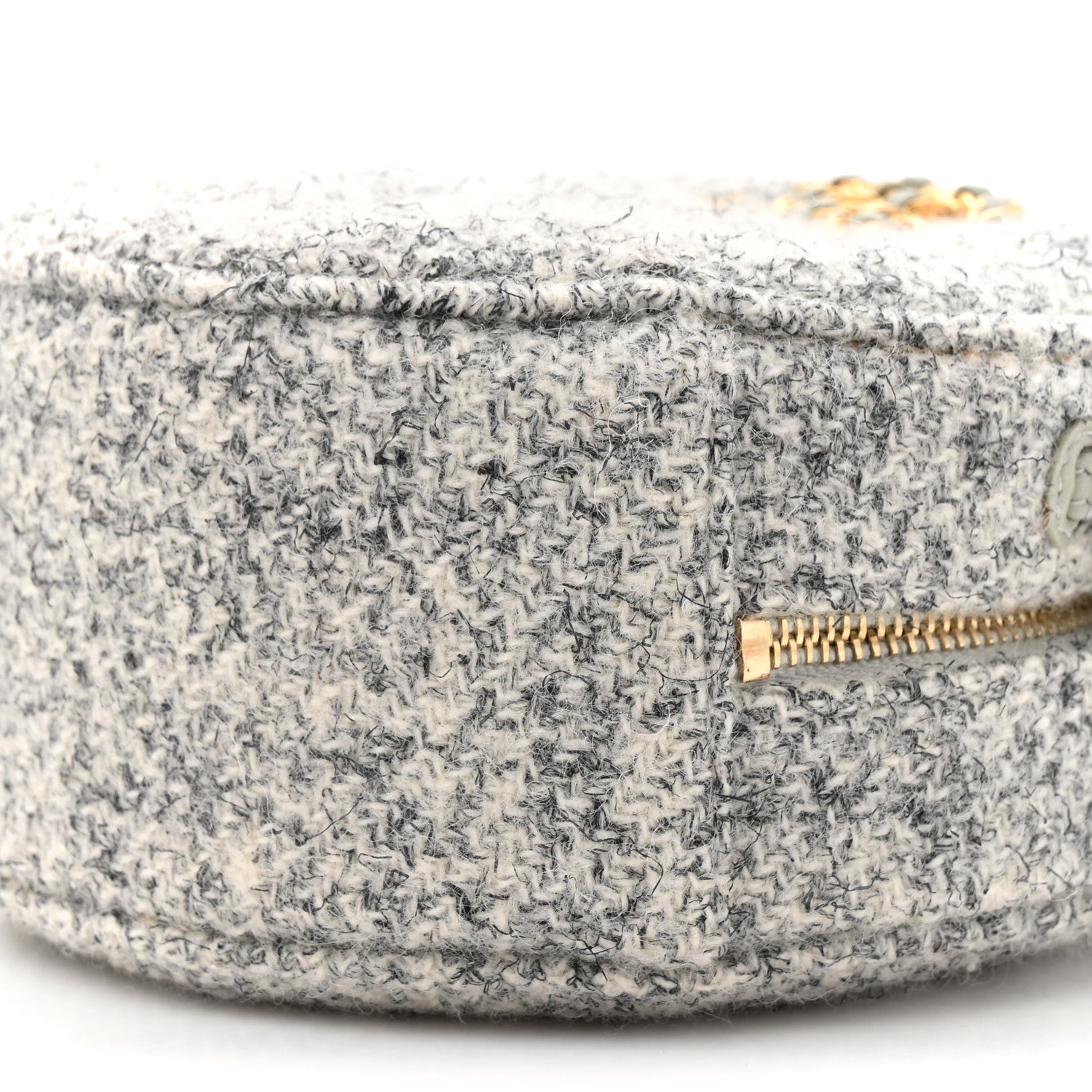 Wool Tweed Lambskin Quilted Chanel 19 Round Clutch With Chain Grey Ecru