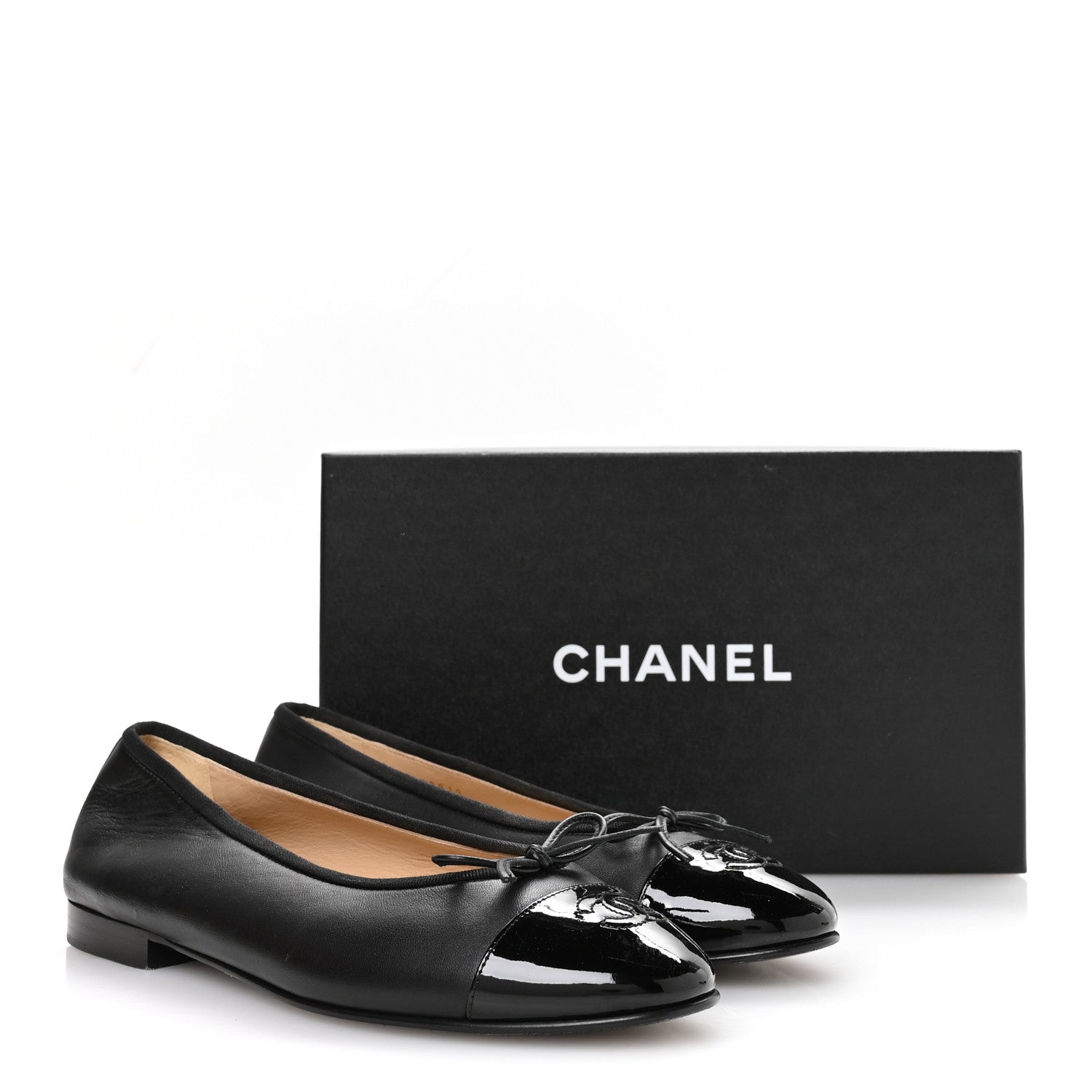 Lambskin Patent Cap Toe Ballerina Flats 39.5 Black