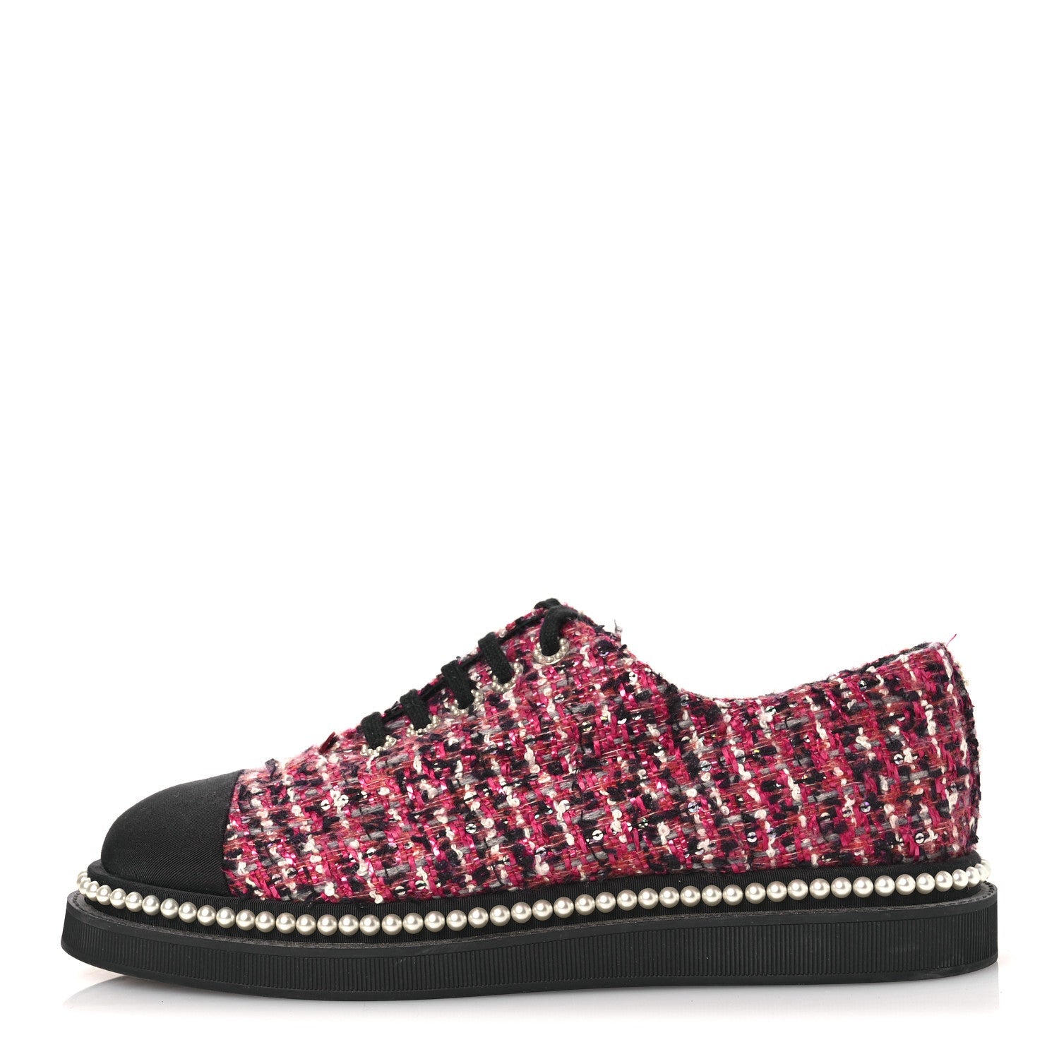 Tweed Grosgrain Sequin Pearl Lace Up Sneakers 40 Black Pink