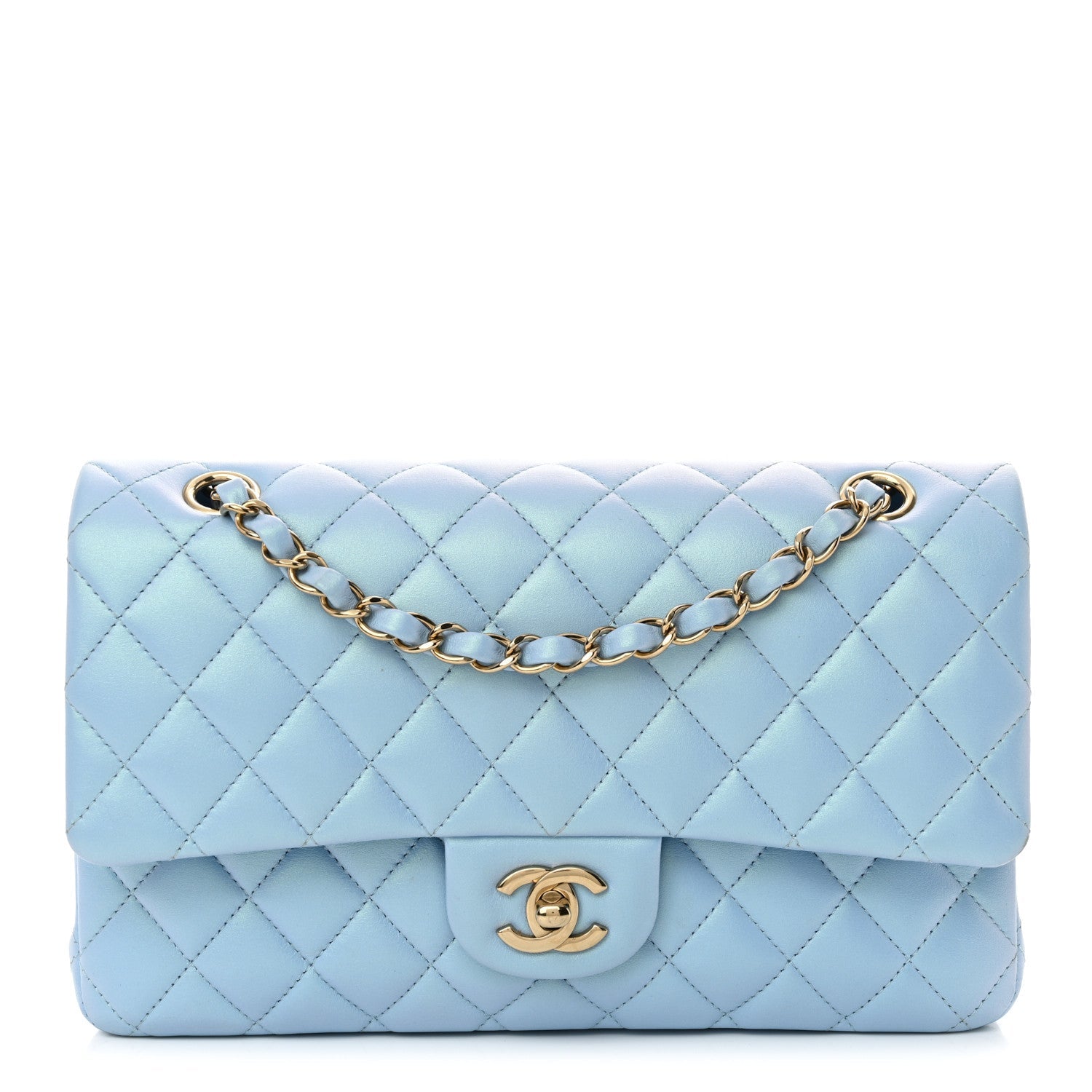 Iridescent Lambskin Quilted Medium Double Flap Light Blue