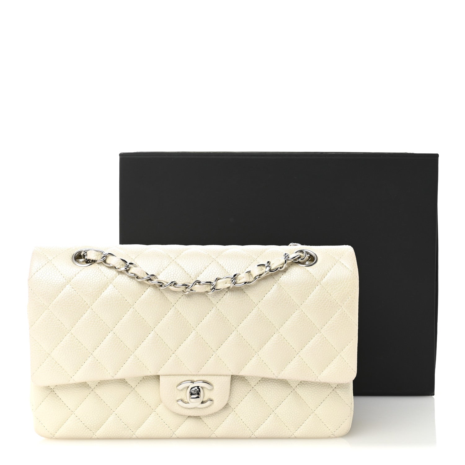Iridescent Caviar Quilted Medium Double Flap White