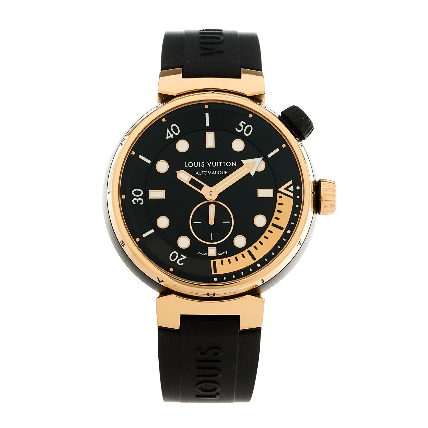 Stainless Steel 18K Rose Gold Rubber 44mm Tambour Street Diver Automatic Watch Black