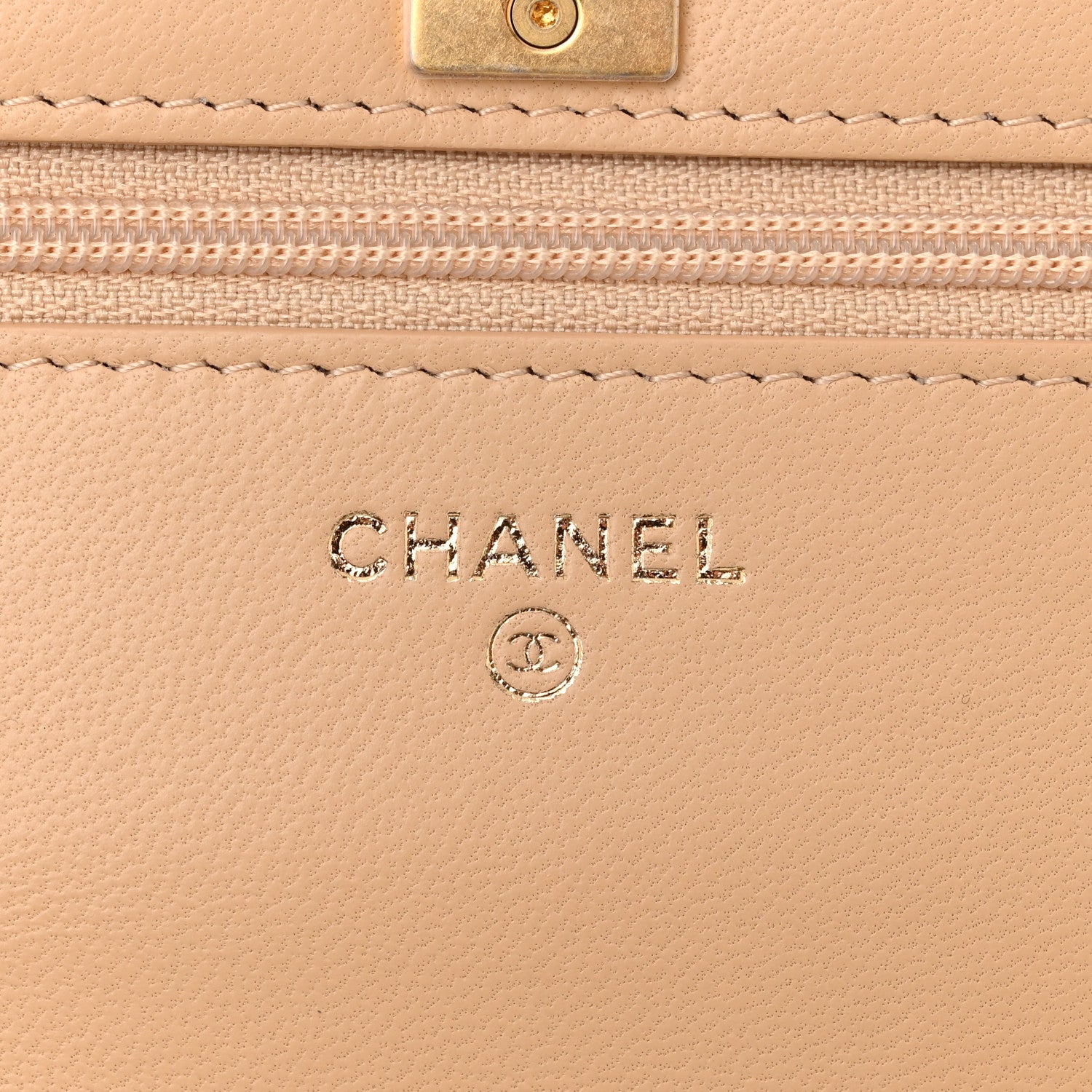 Lambskin Quilted CC Pearl Crush Wallet on Chain WOC Beige