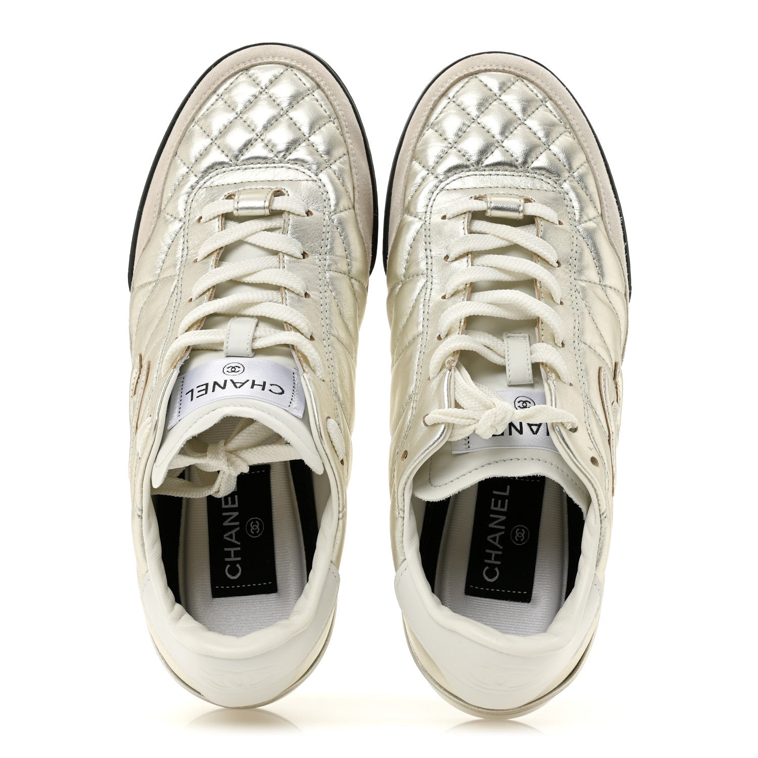 Laminated Calfskin Suede Quilted Womens CC Sneakers 39 Silver White Gray