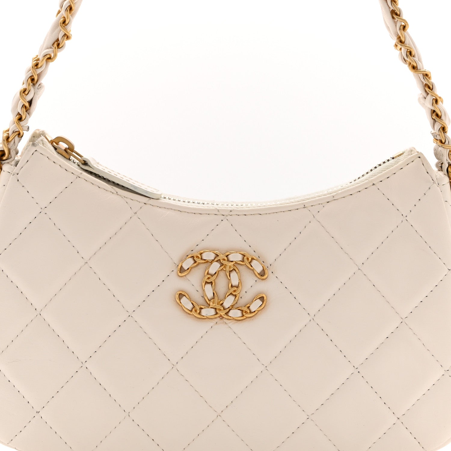 Aged Calfskin Quilted Small Chanel 19 Hobo White