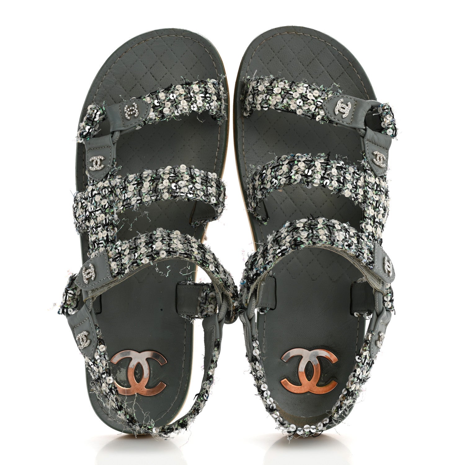 Tweed Sequin Crystal CC Sandals 40 Blue Multicolor