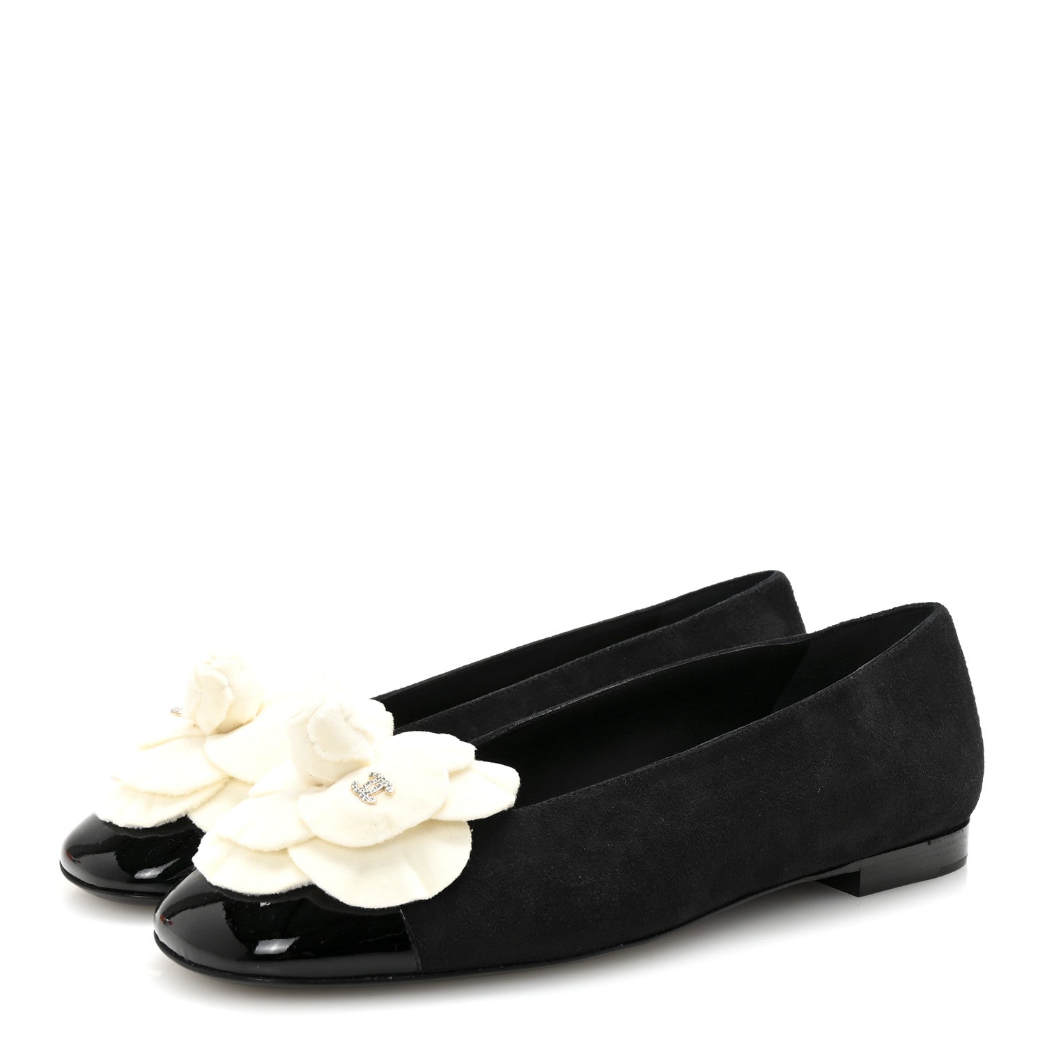 Suede Patent Cap Toe Camellia Ballerina Flats 39.5 Black White