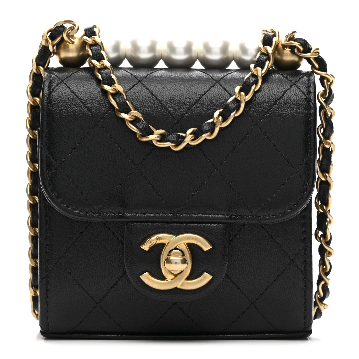 Goatskin Chic Pearls Clutch On Chain Black