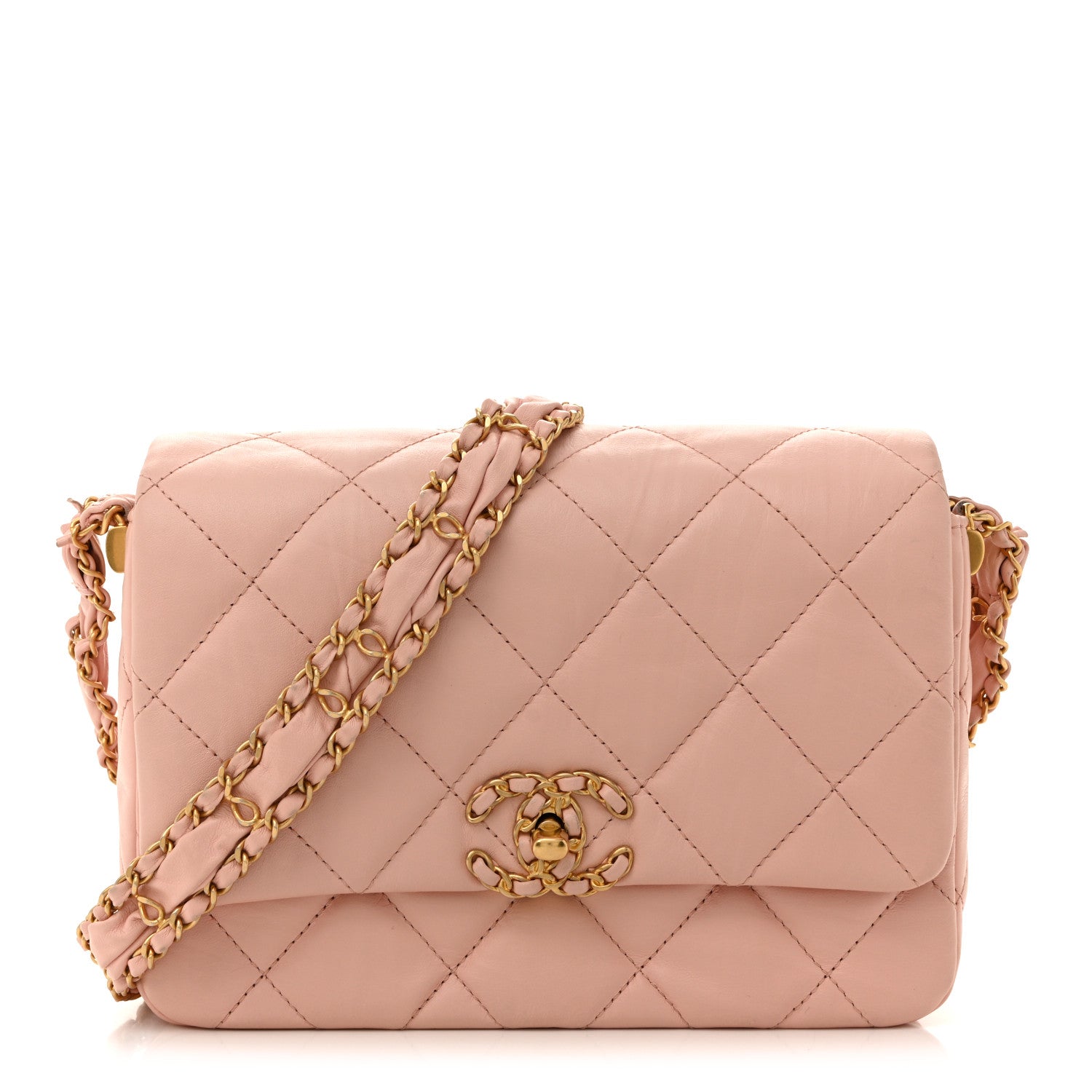 Crumpled Calfskin Quilted Braided CC Flap Light Pink
