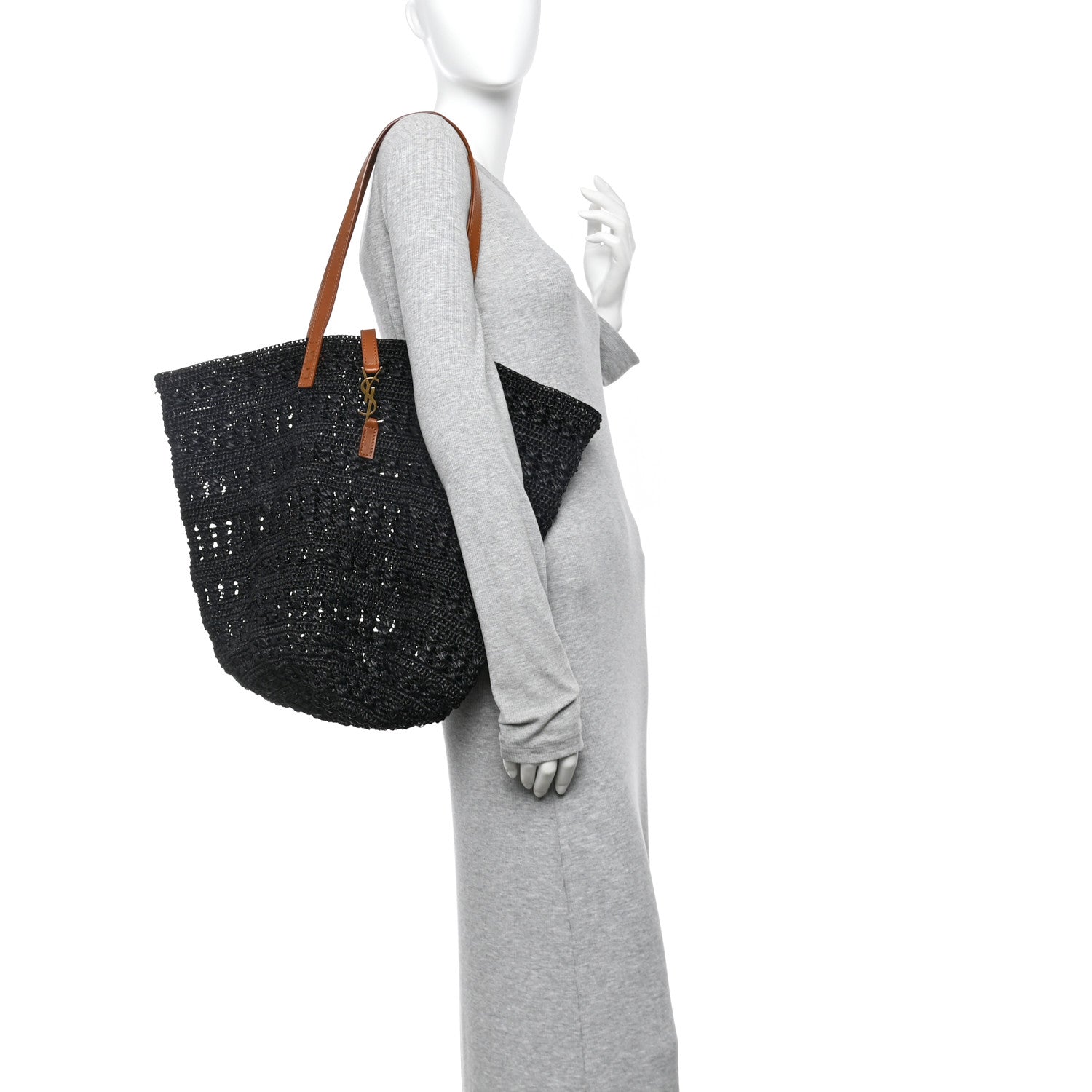 Raffia Calfskin Medium Panier Tote Black