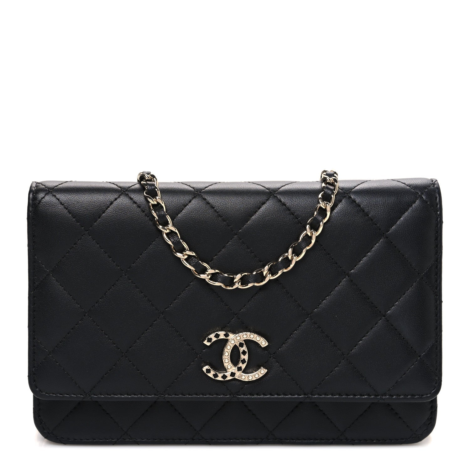 Lambskin Pearl Strass Quilted CC Wallet on Chain WOC Black