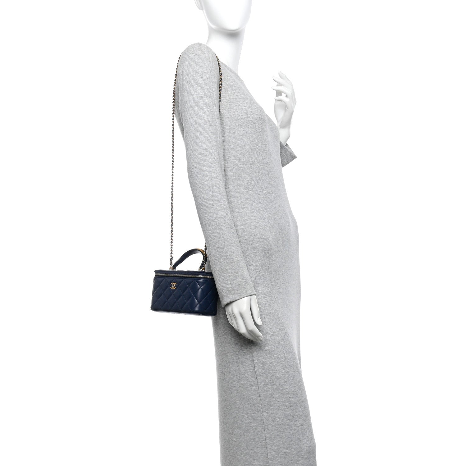 Lambskin Quilted Metal Small Top Handle Vanity Case With Chain Blue