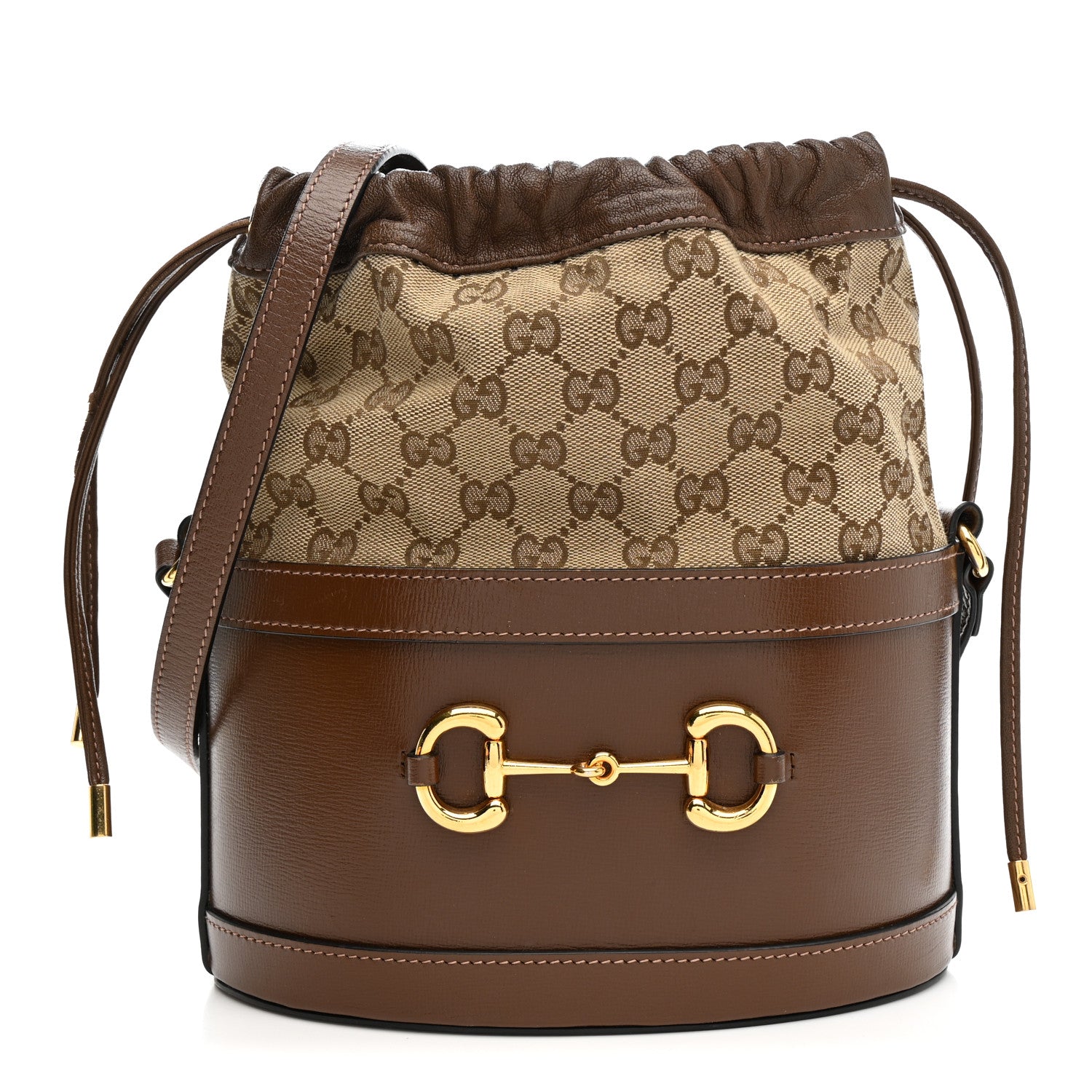 Monogram Textured Calfskin Horsebit 1955 Drawstring Bucket Bag Beige Brown Sugar