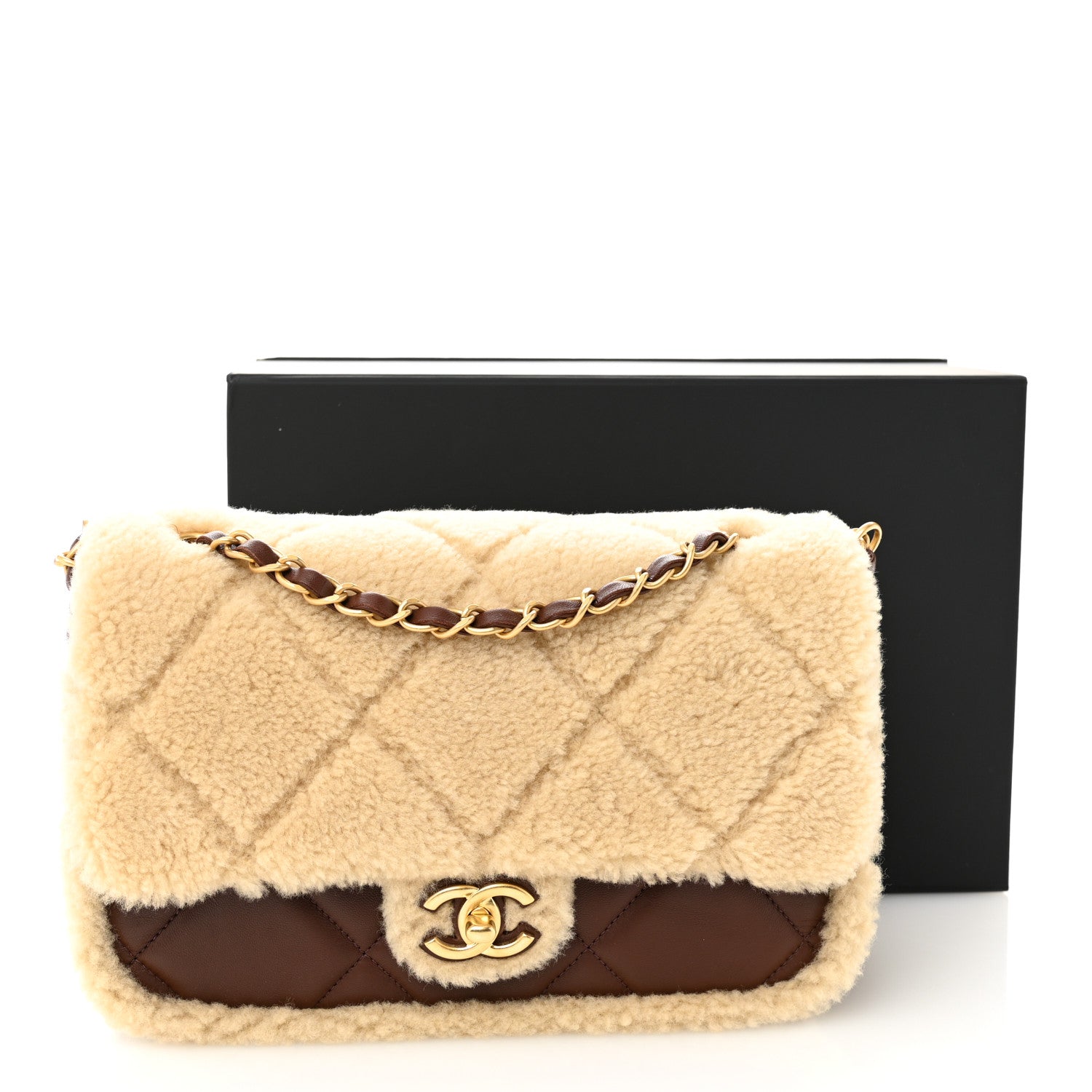 Shearling Lambskin Quilted Furry Coco Flap Beige Dark Brown