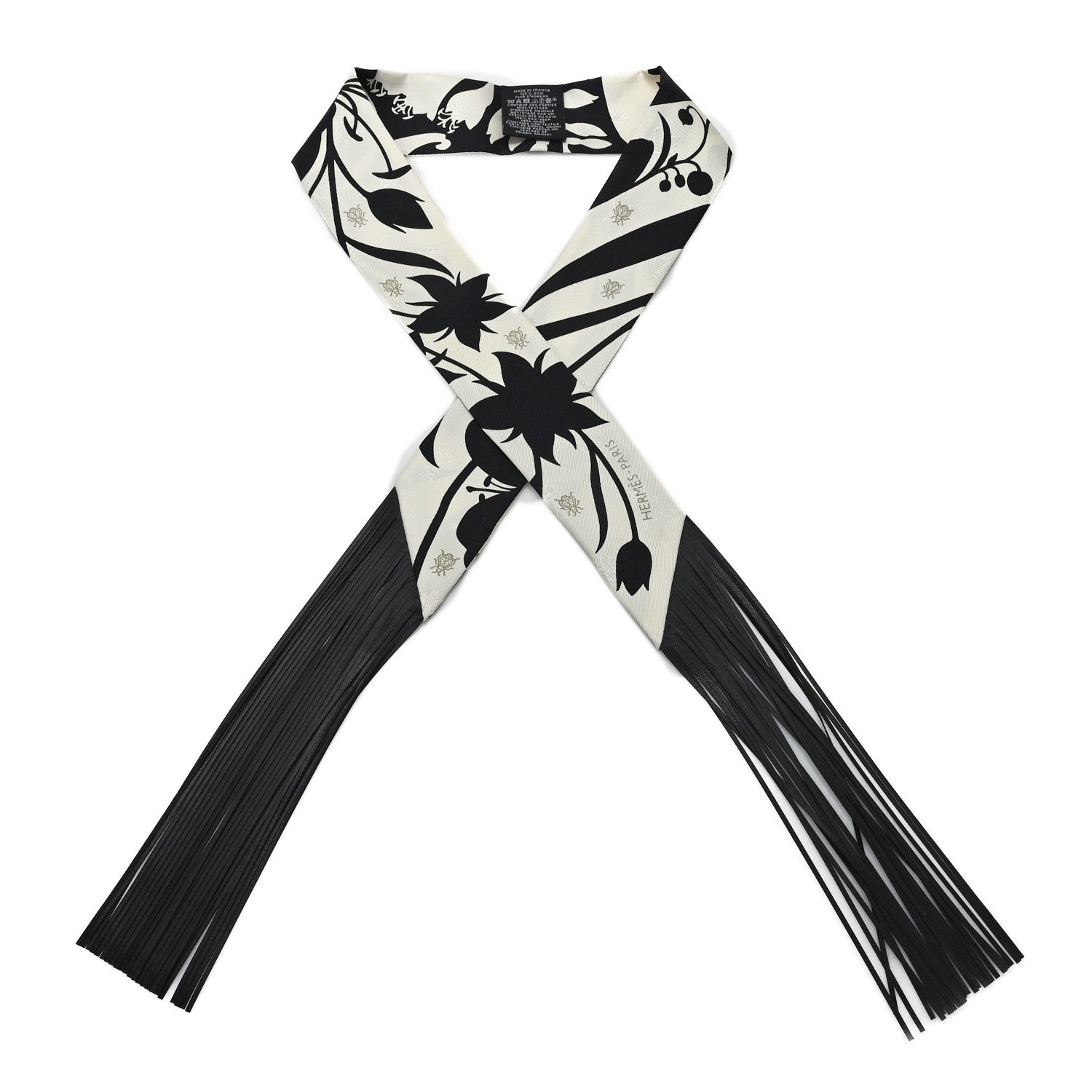 Silk Calfskin Bouquet Final Fringed Twilly Creme Black