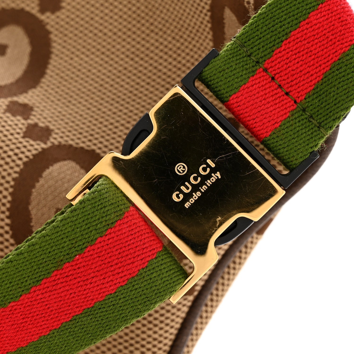 Monogram Jumbo GG Textured Dollar Calfskin Web Belt Bag Camel Ebony New Acero