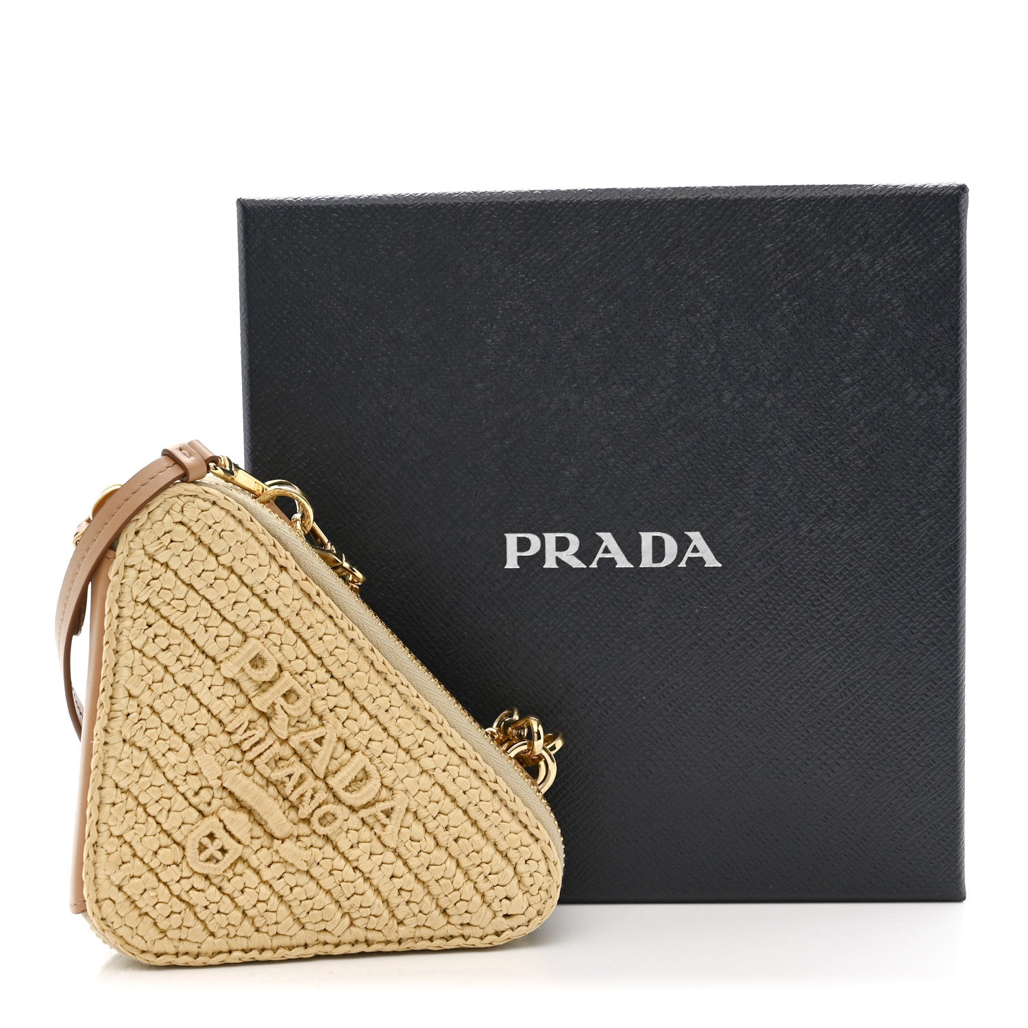 Raffia Calfskin Crochet Logo Embroidered Mini Triangle Crossbody Pouch Naturale