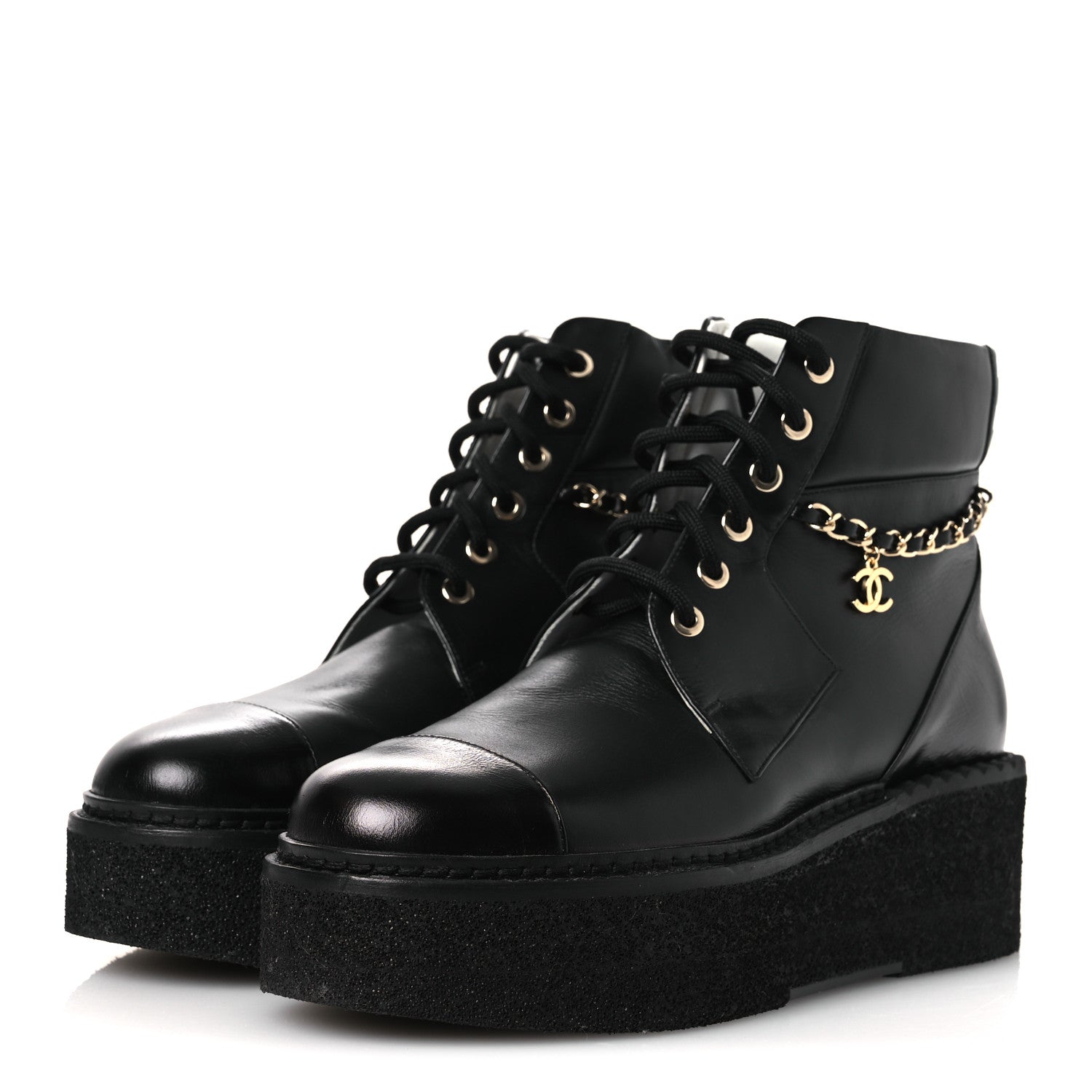 Calfskin Shiny Calfskin Chain Lace Up CC Short Boots 38.5 Black