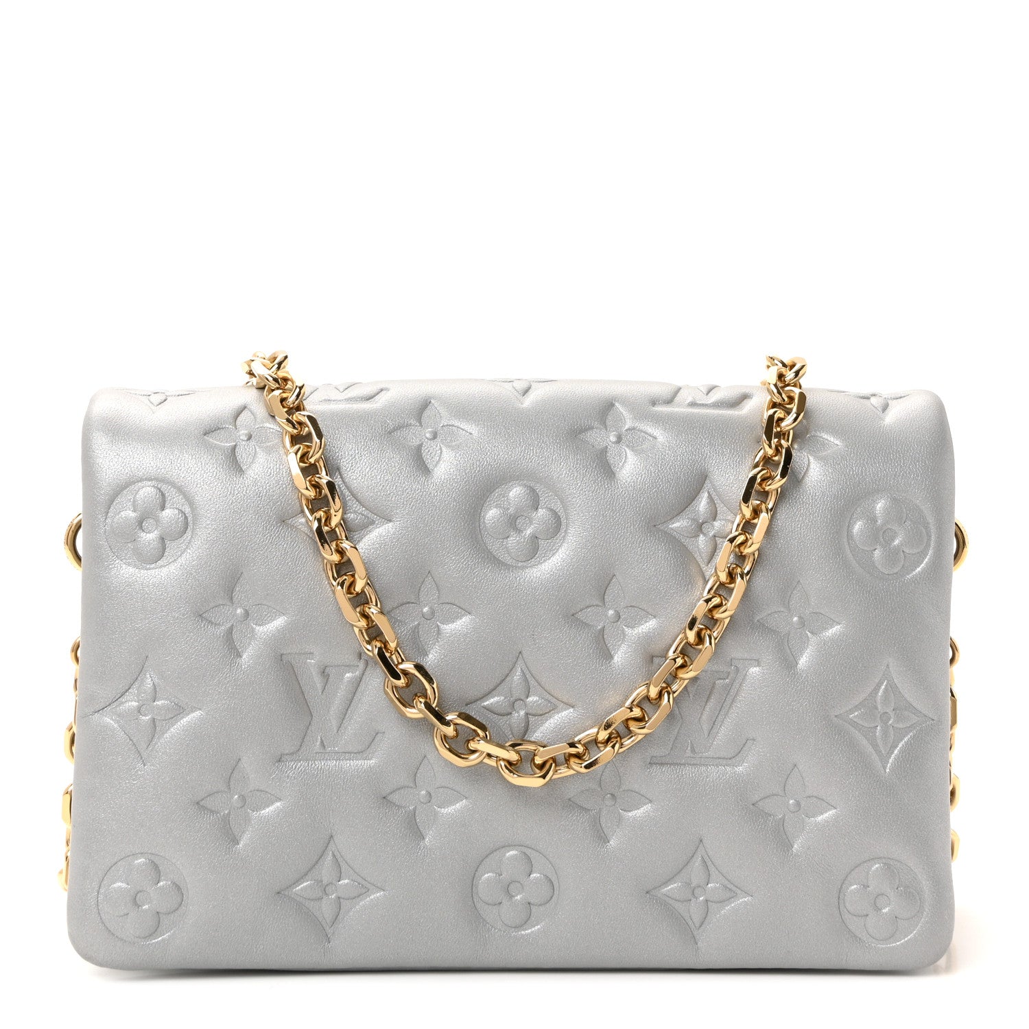 Metallic Lambskin Embossed Monogram Pochette Coussin Silver
