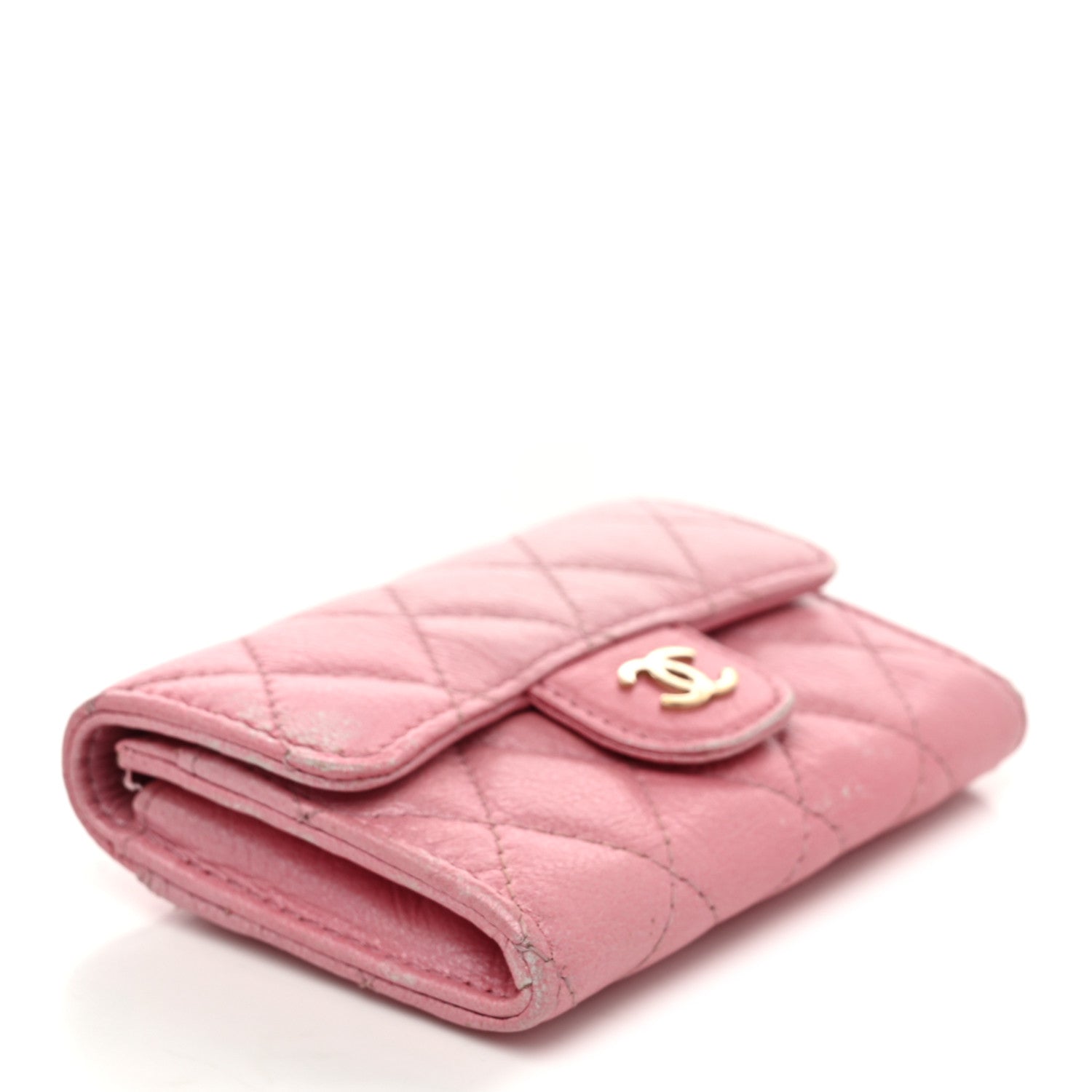 Iridescent Aged Calfskin Quilted Flap Card Holder Wallet Pink