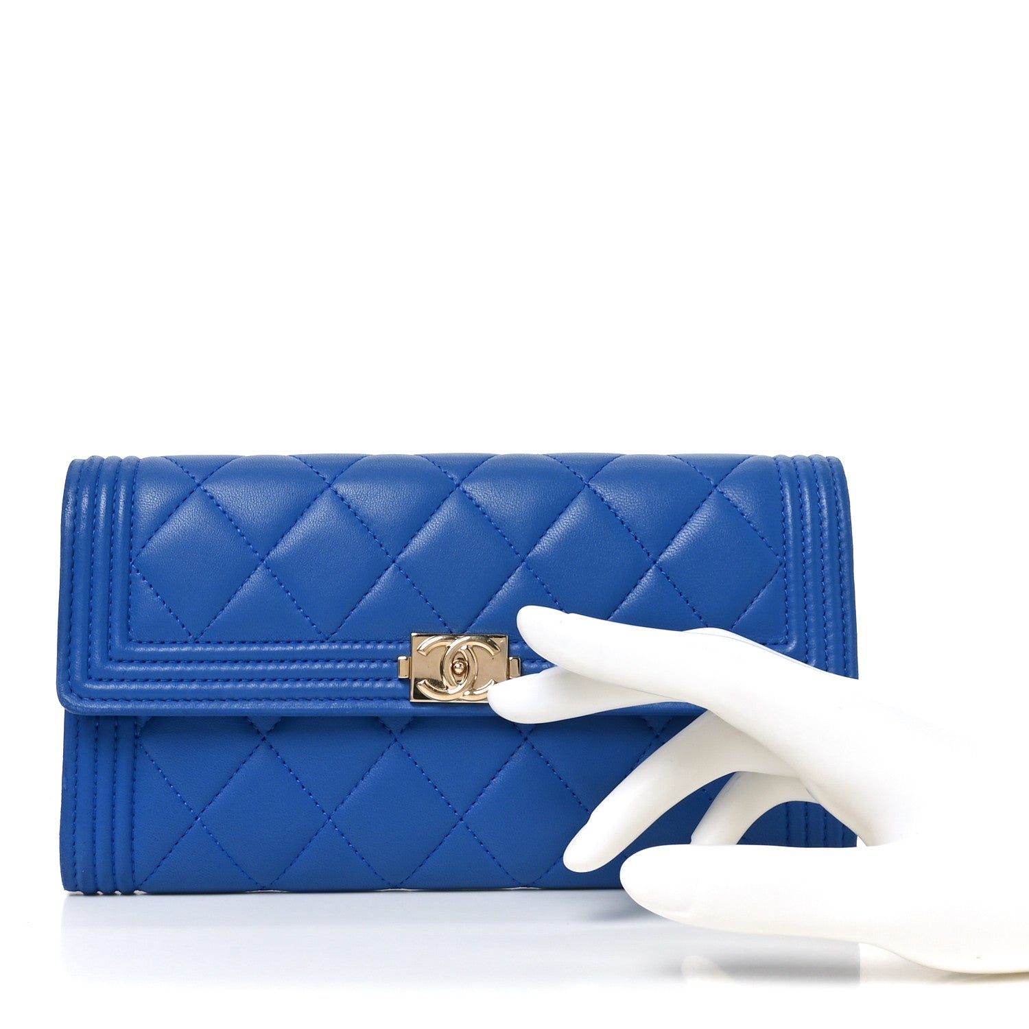 Lambskin Quilted Large Boy Gusset Flap Wallet Blue
