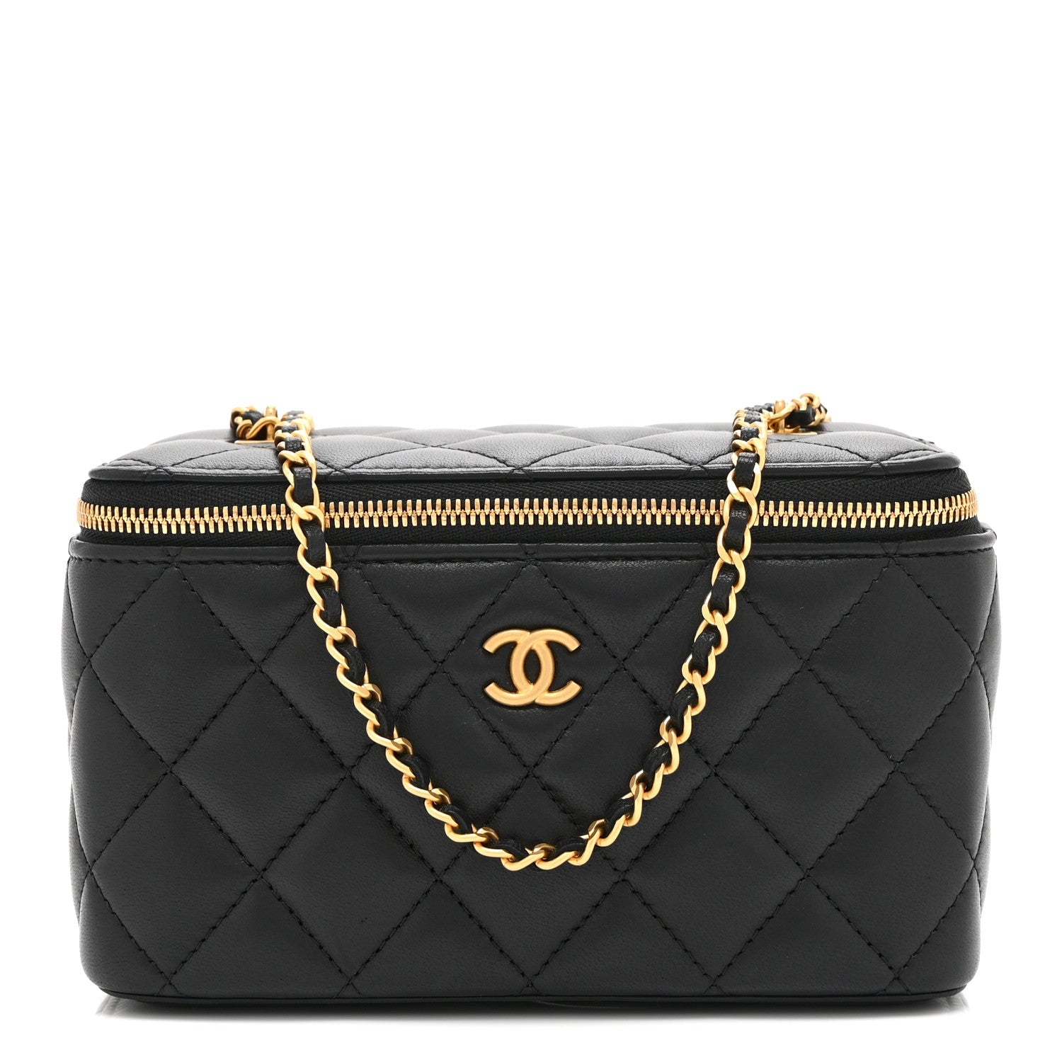 Lambskin Enamel Quilted Small Coco Hearts Vanity Case With Chain Black