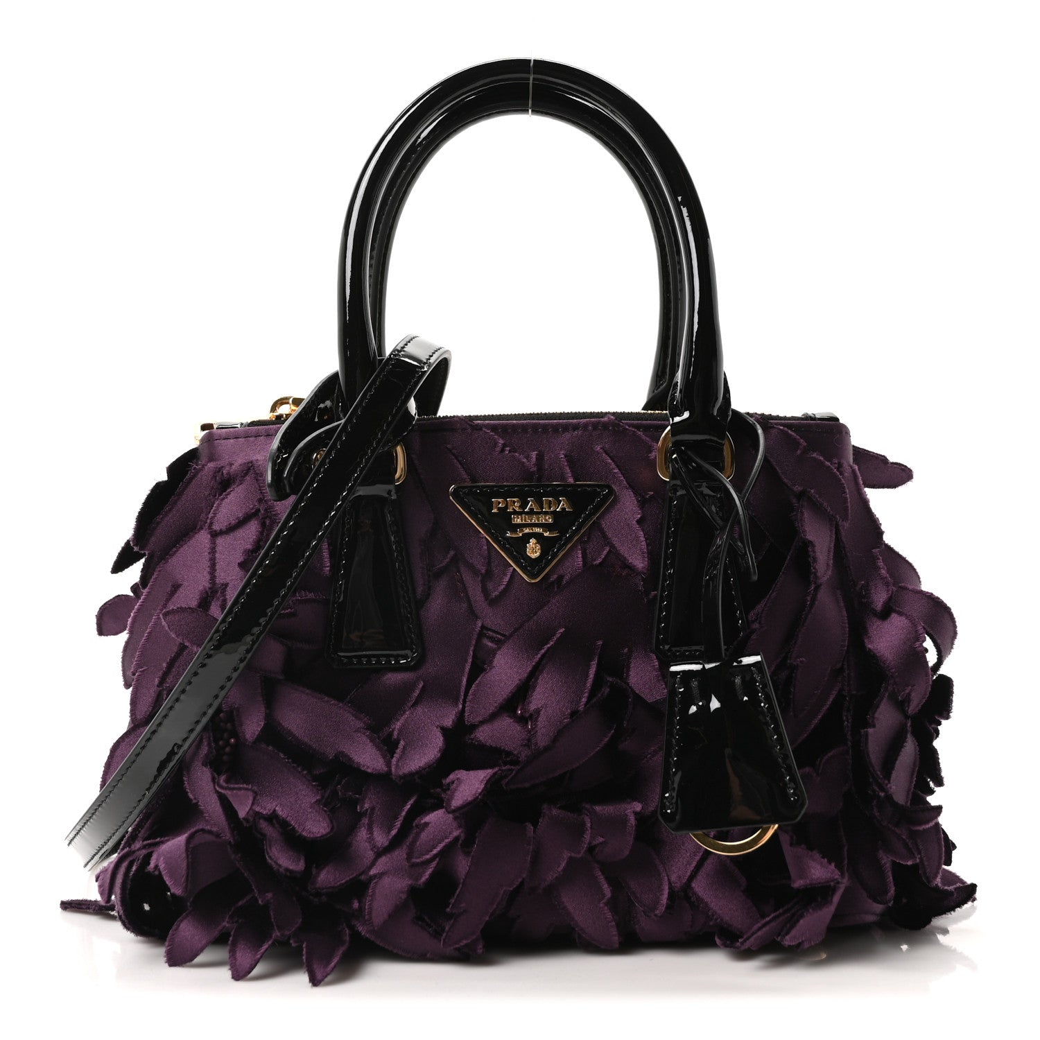 Satin Feathered Vernice Mini Galleria Double Zip Tote Black Prugna