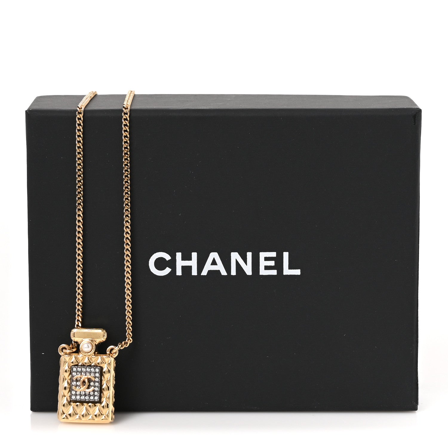 Crystal Pearl Perfume Bottle CC Necklace Gold Black