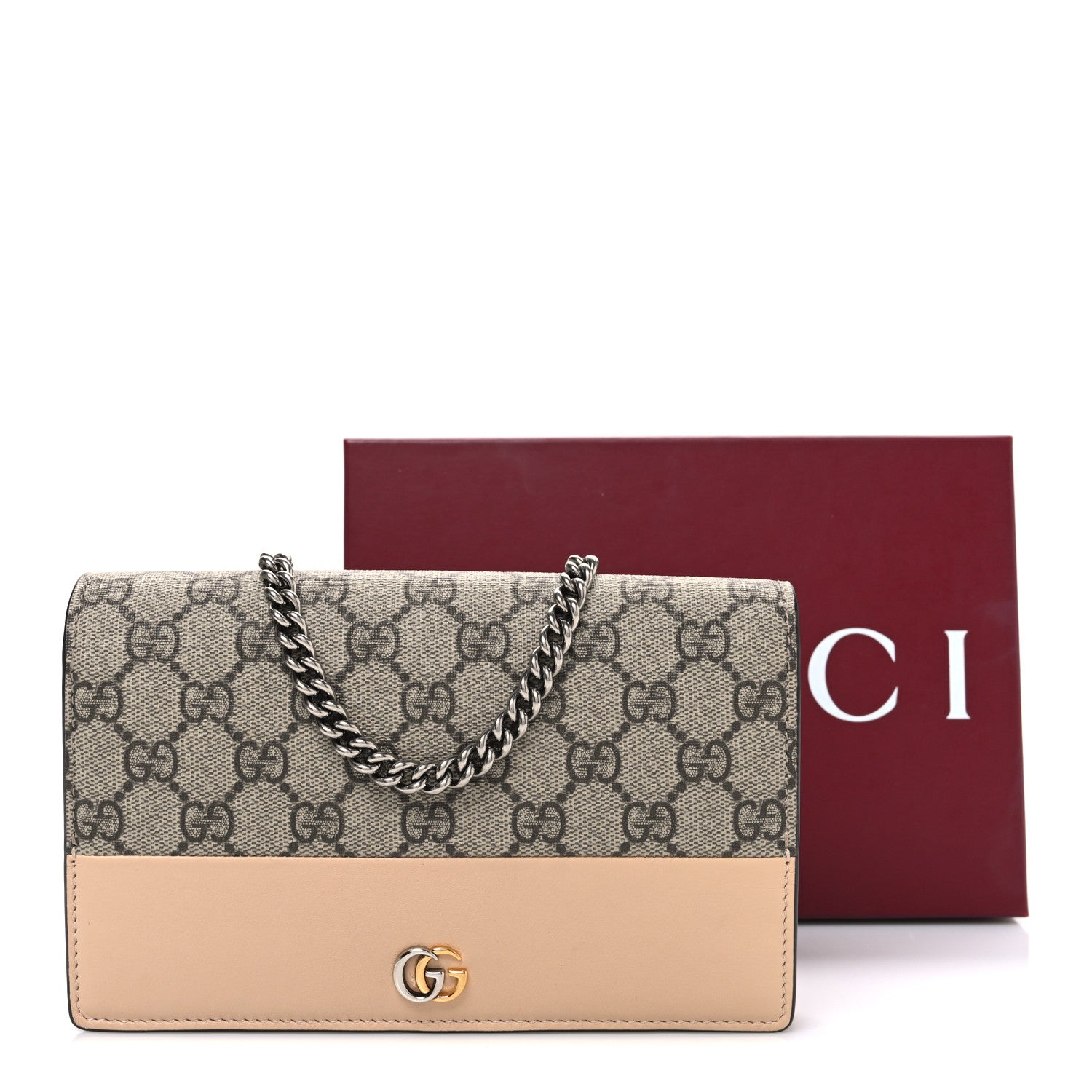 GG Supreme Monogram Bi-Color Mini GG Marmont Chain Wallet Souffle Rose Beige Ebony