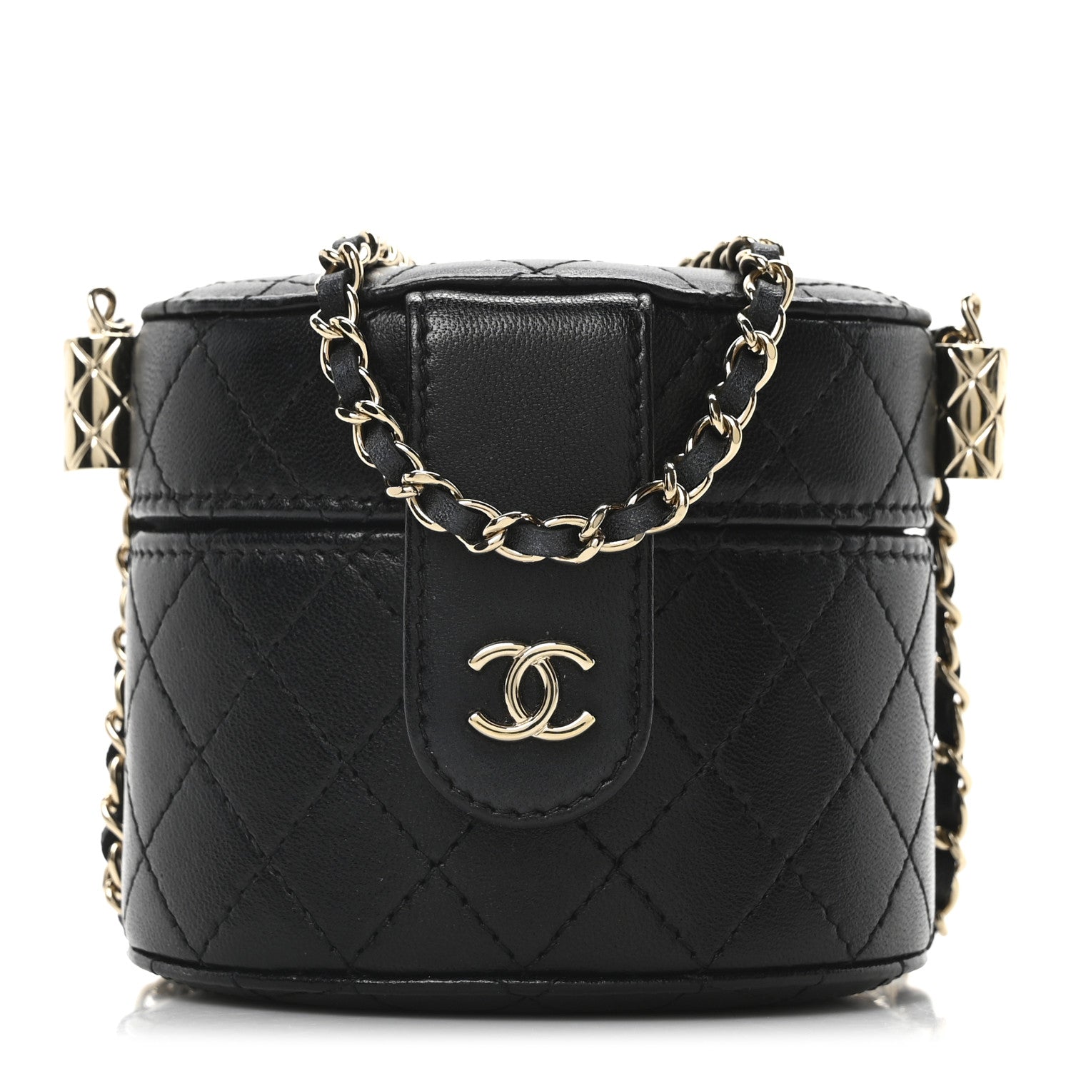 Lambskin Quilted Mini Round Vanity Case With Chain Black