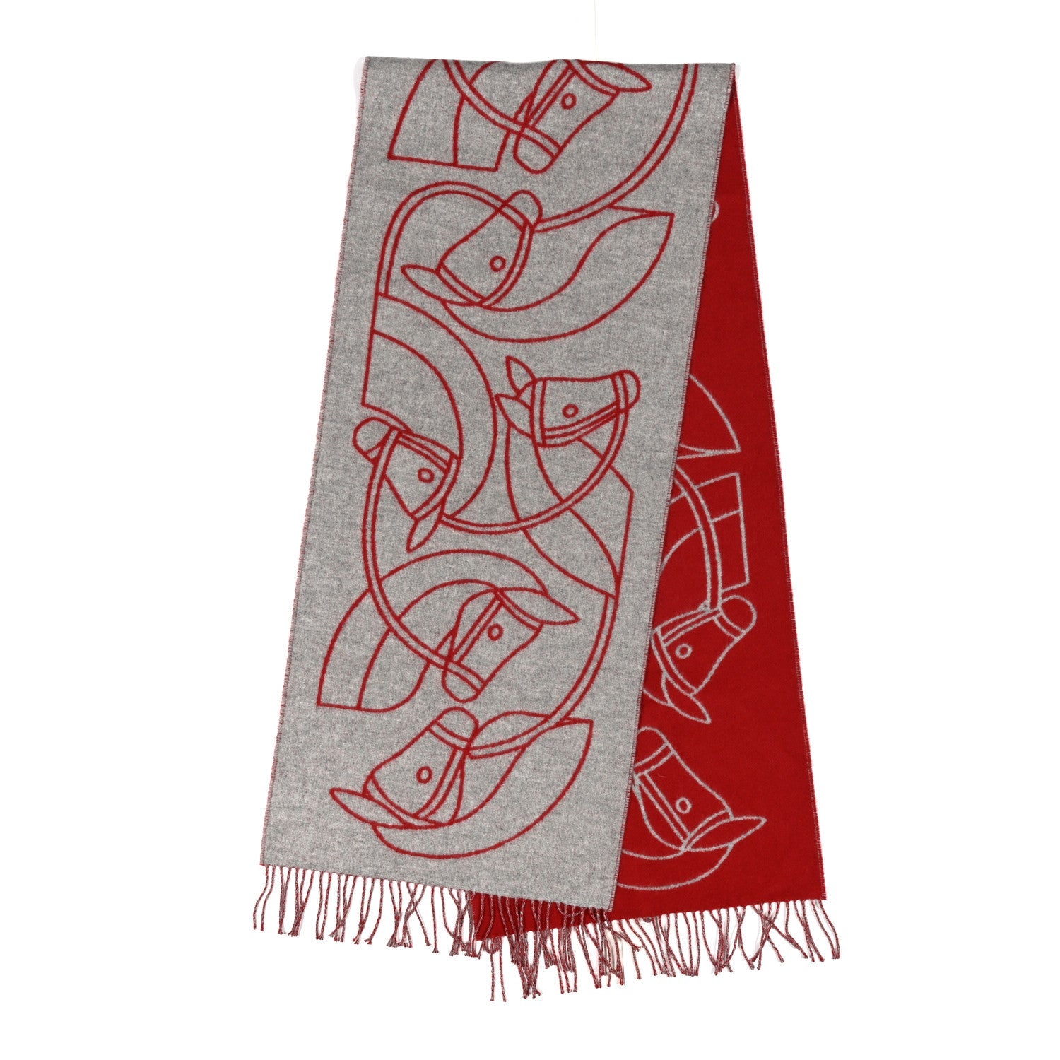 Cashmere Casaque Entrelacs Equestres Muffler Gris Clair Rouge Carmin